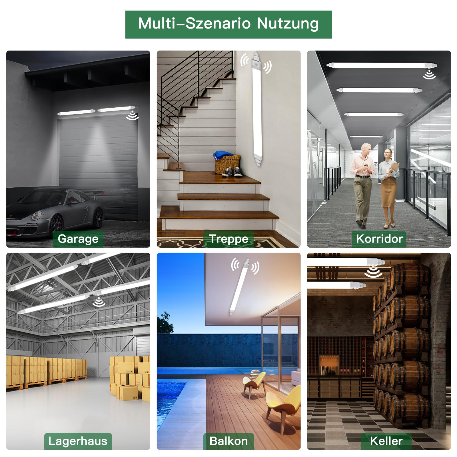 3 Stück Feuchtraumleuchte LED mit Bewegungsmelder, 120cm 36W 3600LM 4000K Neutralweiß Garagenlampe, IP65 Kellerlampe, Verknüpfbar Feuchtraumlampe für Büro Flur Treppe Garage