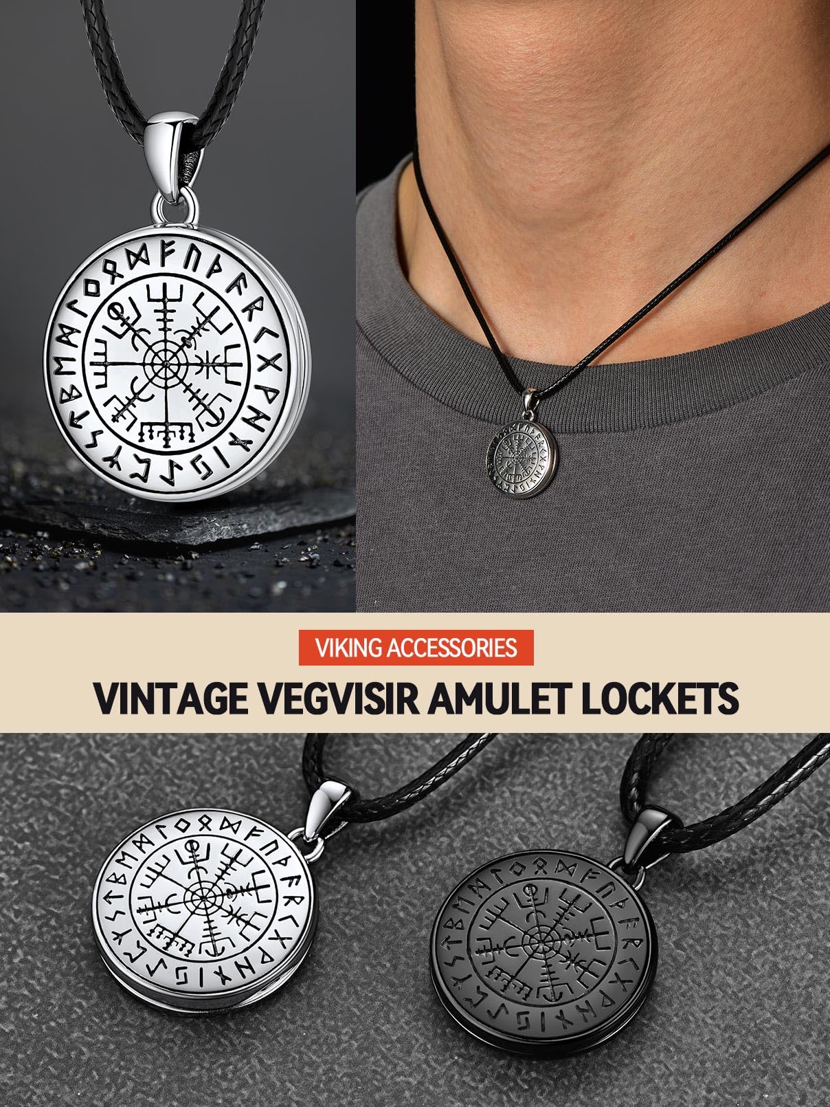 FaithHeart 925 Foto Anhänger für Damen Herren, Schwarz Medaillon mit Wikinger Vegvisir Symbol, Wikinger Amulett mit Bildanhänger für Geburtstag Weihnachten Halloween