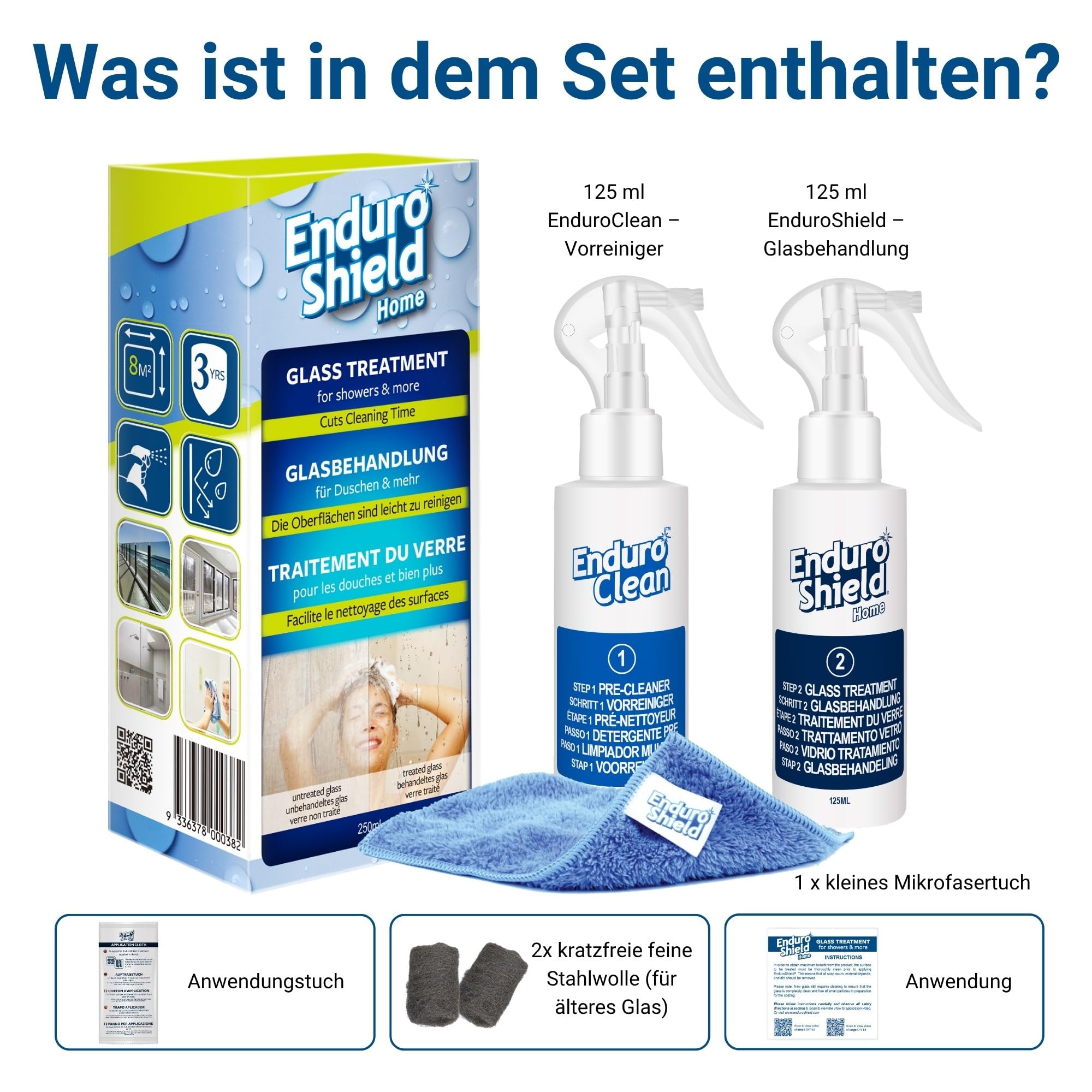 EnduroShield Glasbehandlungs-Set für Duschglas & Glasflächen - 250 ml | Weist Kalk & Seifenreste ab | Leichter zu reinigen | Einmal auftragen | Hält jahrelang