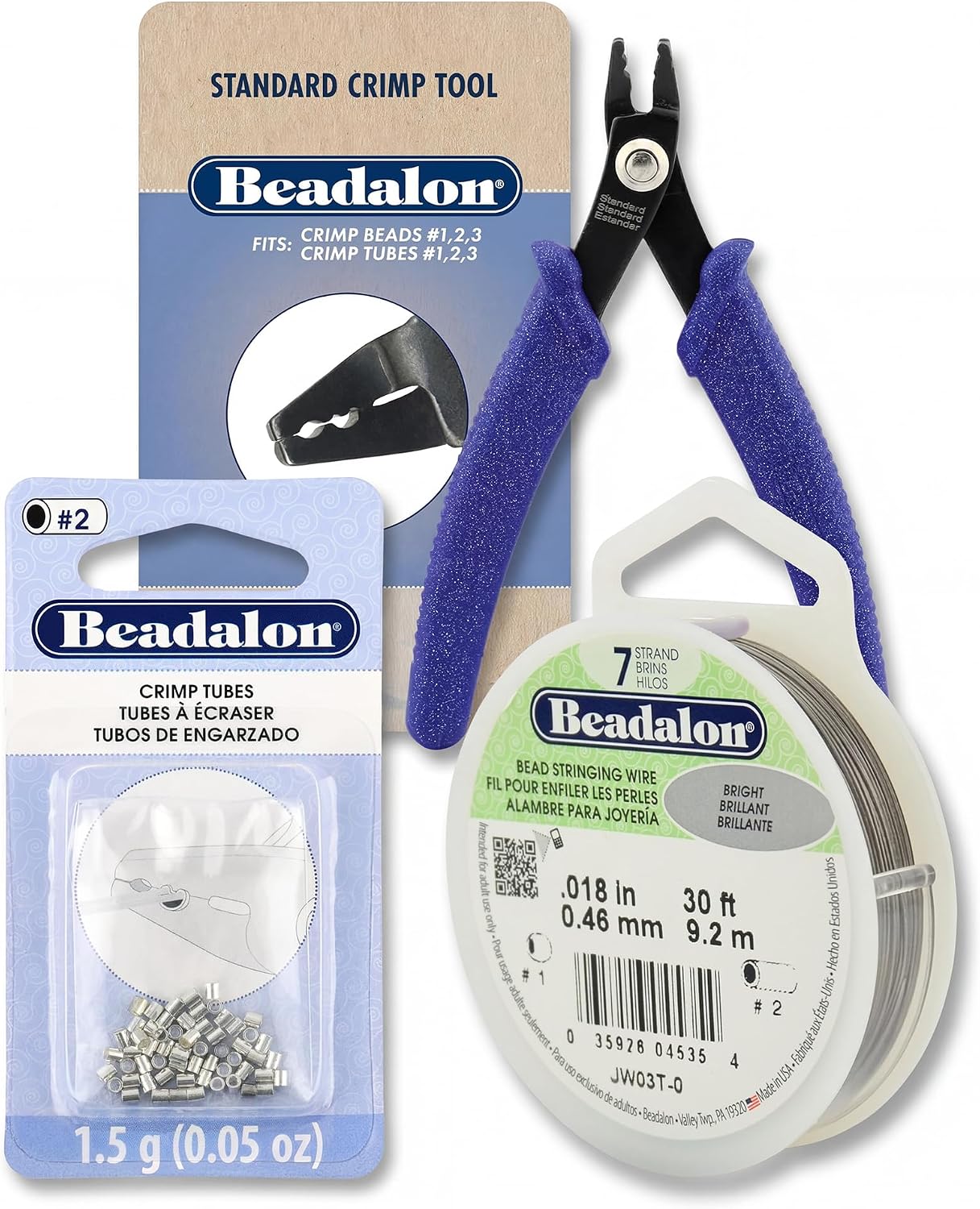 Beadalon 7 Strand Bundle 10, Jewelry Making Tool Kit, 7 Strand Stainless Steel Bead Stringing Wire (0.018" Dia., 30' L), Silver Plated Crimp Tubes Size #2, Standard Crimp Tool