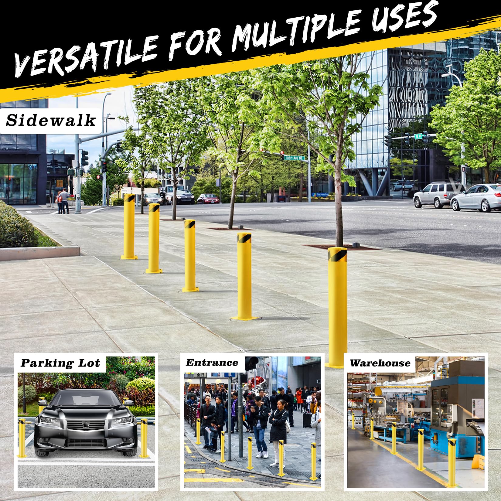Garvee Barrera de seguridad industrial - Lote de 2 postes de acero amarillo con recubrimiento en polvo - Protección robusta para almacén, estacionamiento, acera - Incluye 8 pernos de anclaje, H: 91 cm