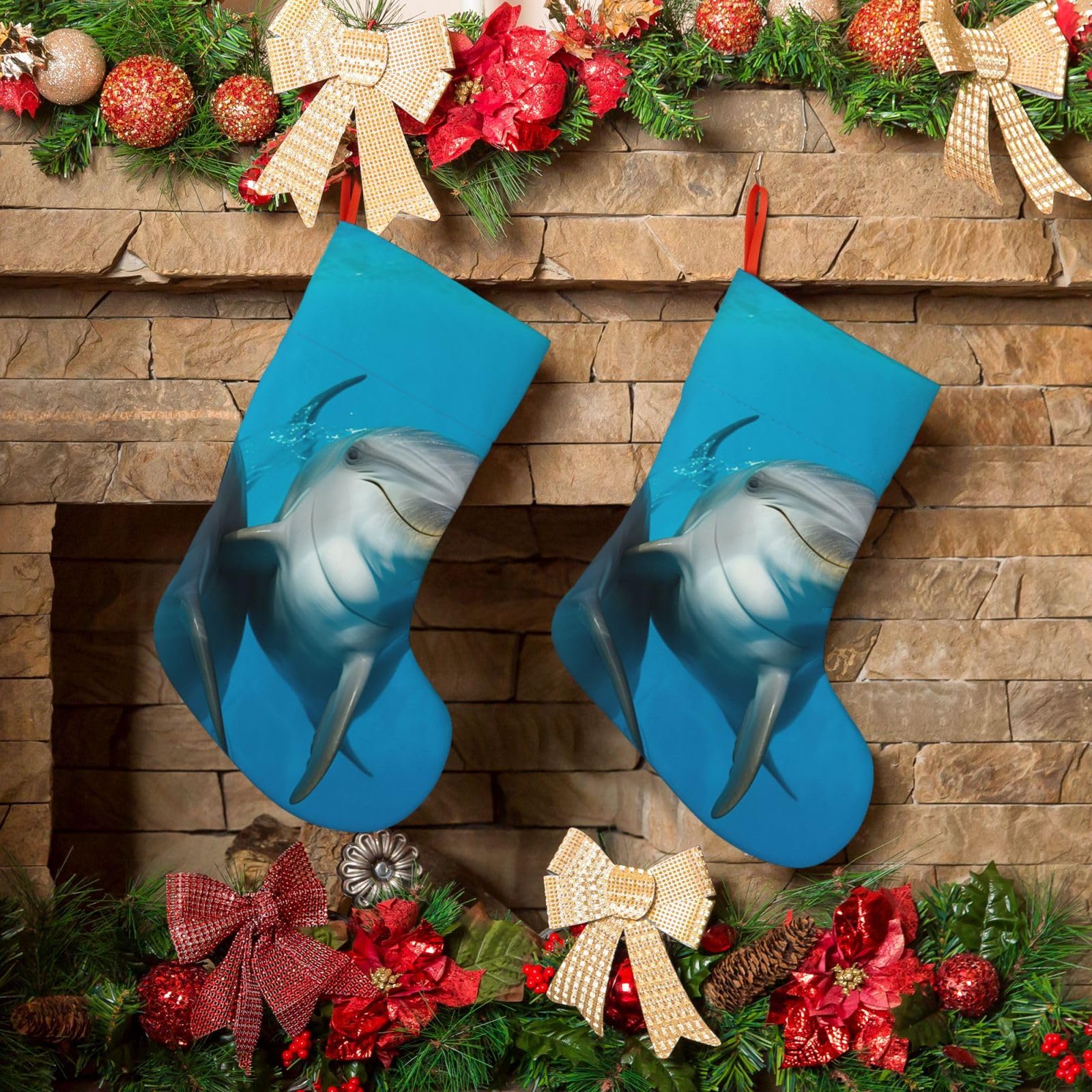KLOPH Christmas Stockings 18" Personalized Xmas Stocking Smiling Face Dolphins Decoration Stockings Hanging Ornaments Fireplace Stocking for Holiday Xmas Tree Christmas Decor
