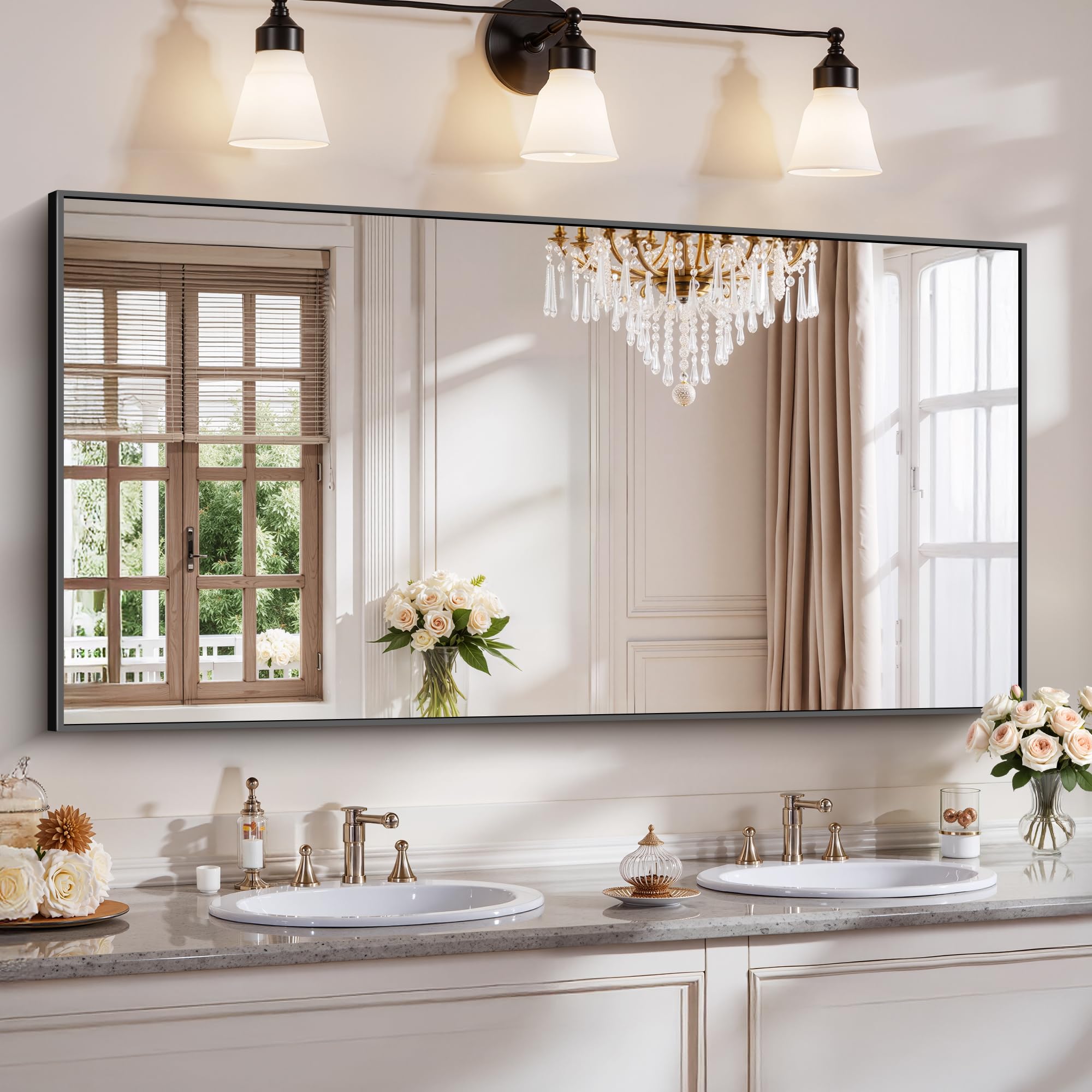 Photo 1 of YIROMAN Bathroom Mirror 60"x30", Large Matte Black Bathroom Mirror for Over Sink with Aluminum Frame, Rectangular Vanity Mirror with Right Angle, Wall Mirror Hangs Horizontal or Vertical, Shatterproof