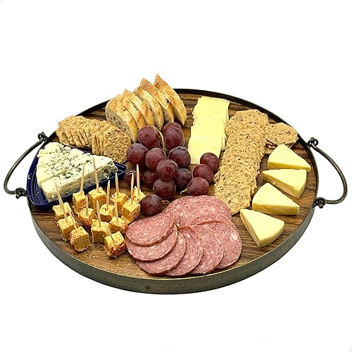 Bandeja redonda de madera para servir, asas de hierro, tablero de madera de acacia rústica, decorativo para alimentos y bebidas para el hogar, 14