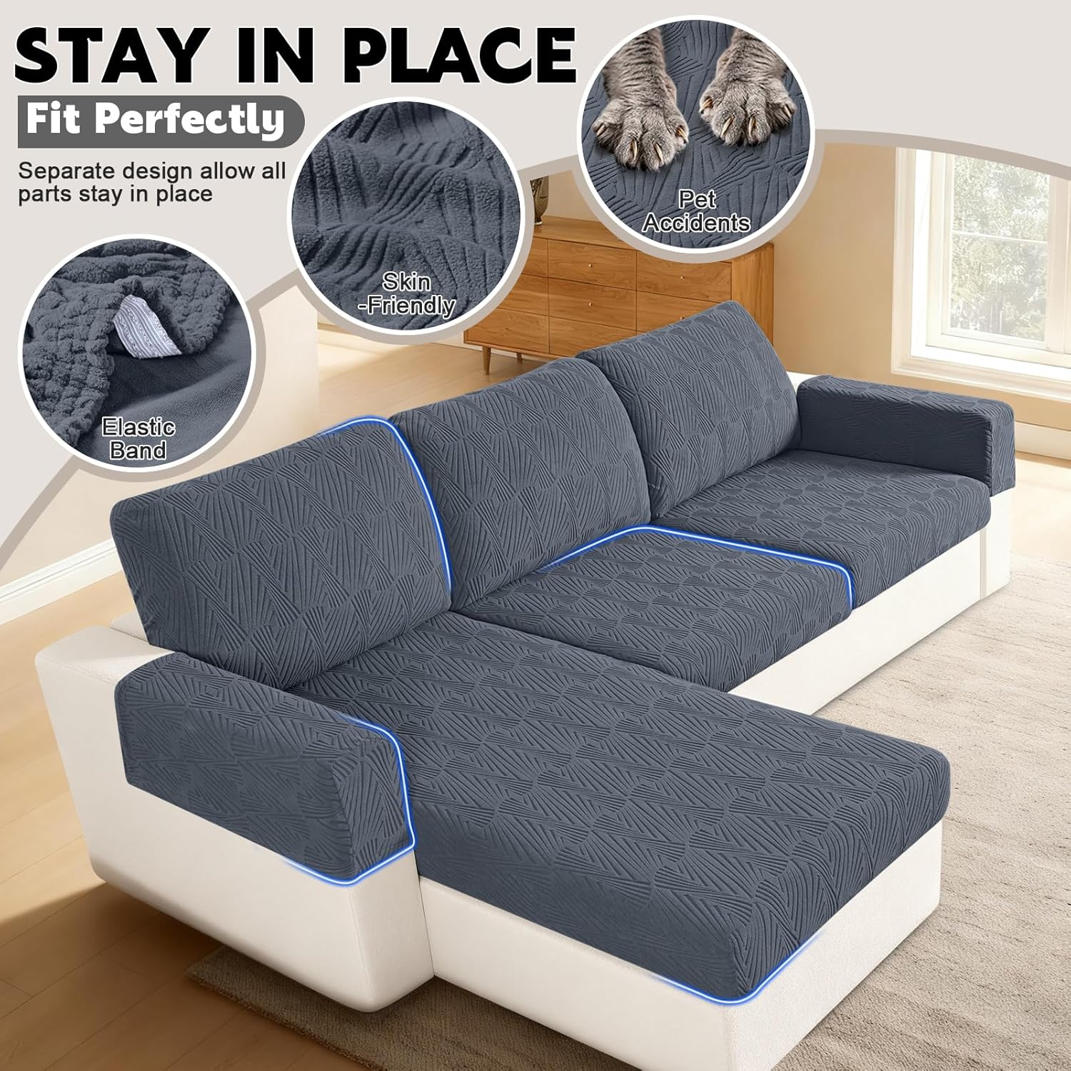 VANSOFY Couch Cushion Covers for Sectional Sofa, Stretch Jacquard Couch Seat Cushion Covers, Individual Washable Furniture Protector Sofa Slipcovers for Pet (2 Seater+1 Chaise Cover, Grey)
