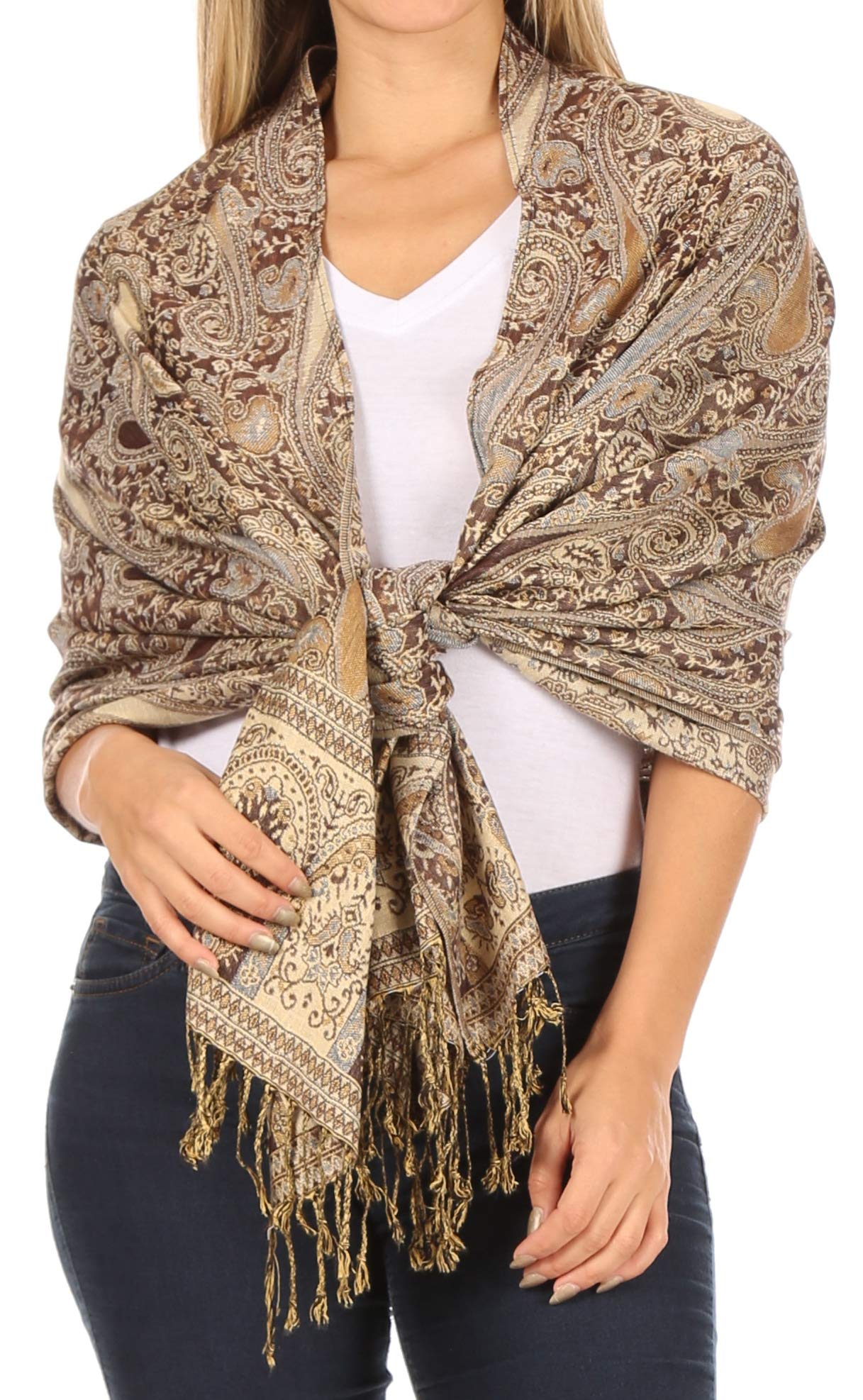 Sakkas Women's Brown / Beige 16125 - Kalin Long Wide Woven Patterned Fringe Tassel Pashmina Shawl/Scarf - Brown/Beige - Os