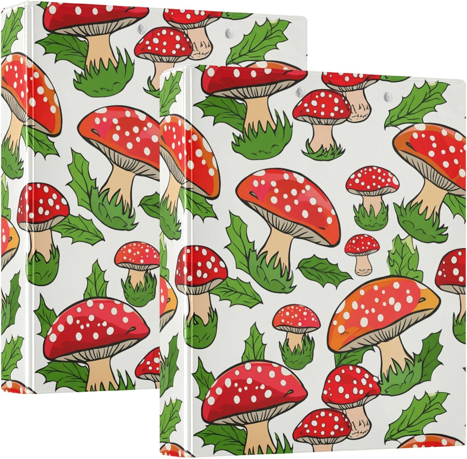 Red Mushrooms 3 Ring Binders, 1.5” Round Ring Binders with Clipboard - Letter Size, 3 Interior PVC Clear Pockets & Anti-Slip Clip for Office School Supplies, 2PCS