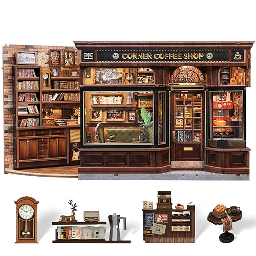 CUTEBEE Book Nook Kit - DIY Miniature House Coffee Shop Dollhouse Kit for Adults and Teens, Booknook Tiny House Bookshelf Decor 3D Wooden Puzzle, Gifts for Family, Friends (Corner Coffee Shop) - Corner Coffee Shop