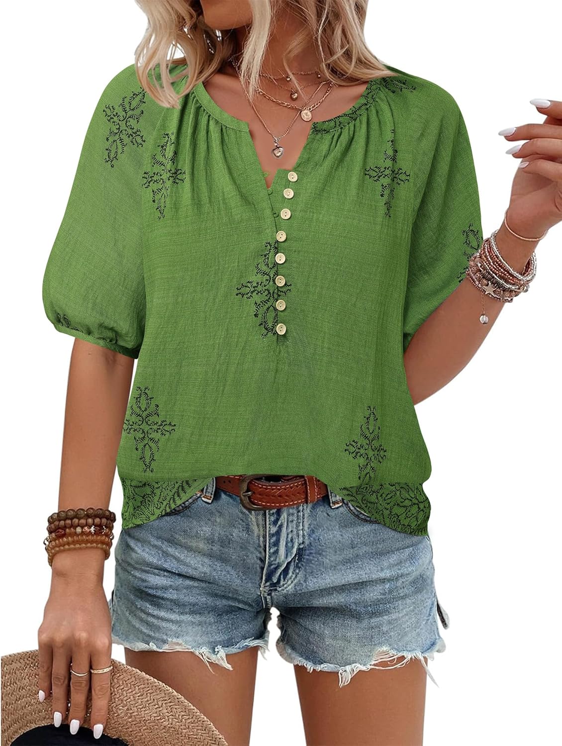 Unixseque Womens Summer Tops V Neck Short Sleeve Blouses Casual Button Down Shirts Floral Boho Clothing Trendy 2025