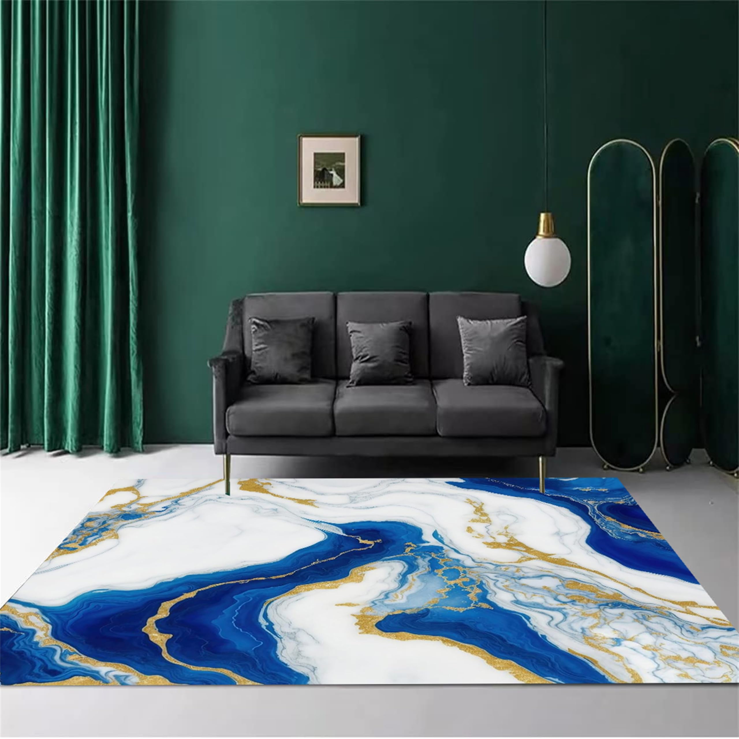 AOESELN 140x200cm White Marble Area Rug,Modern Aesthetic Blue and Gold Marble Abstract Carpet,With Non-Slip Backing,Machine Washable Rugs,for Bedroom,Dining Room,Office,and Kitchen Decor