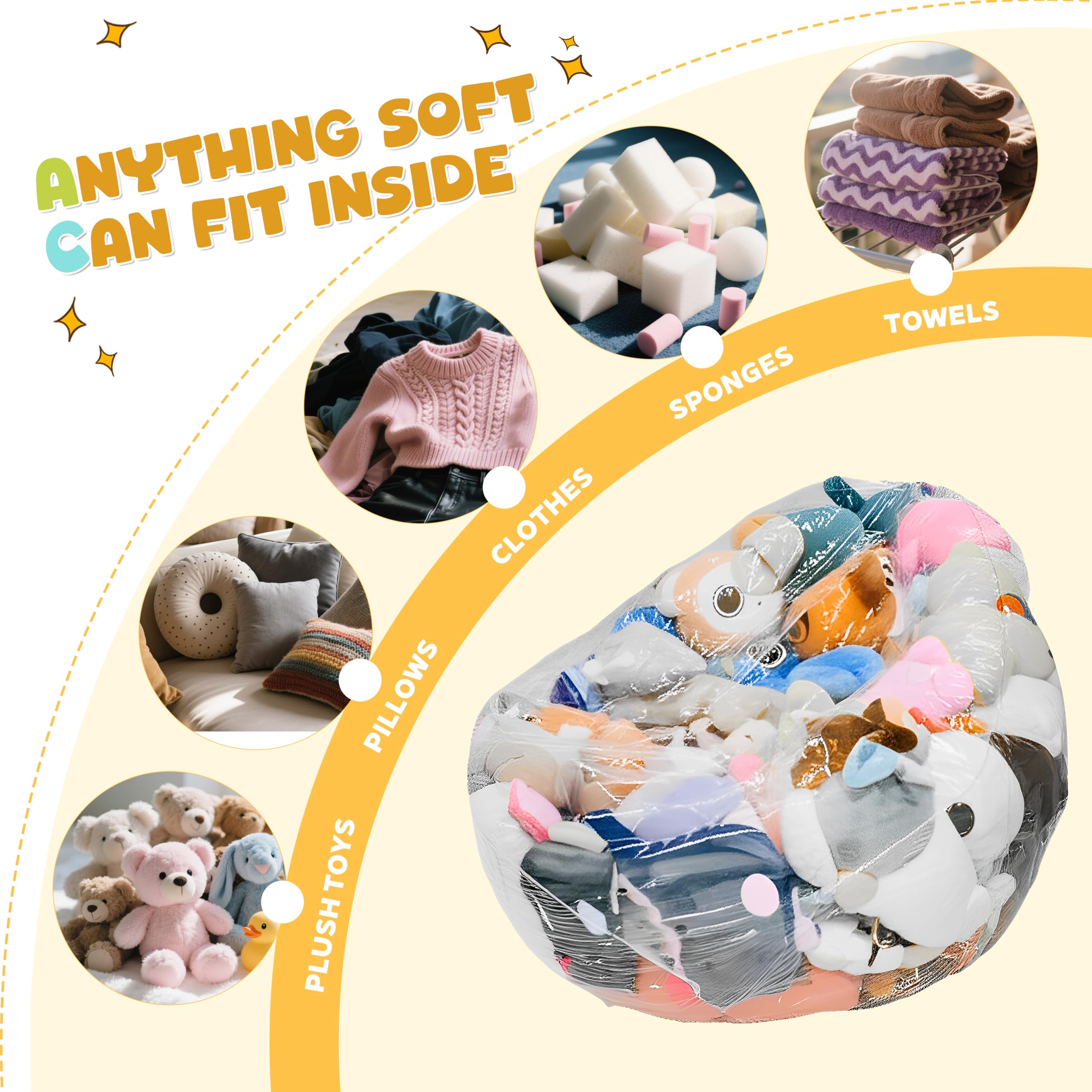 Pouf per animali di peluche, 150 l, trasparente, extra large, organizer impermeabile, facile da pulire (solo copertura, imbottitura non inclusa)