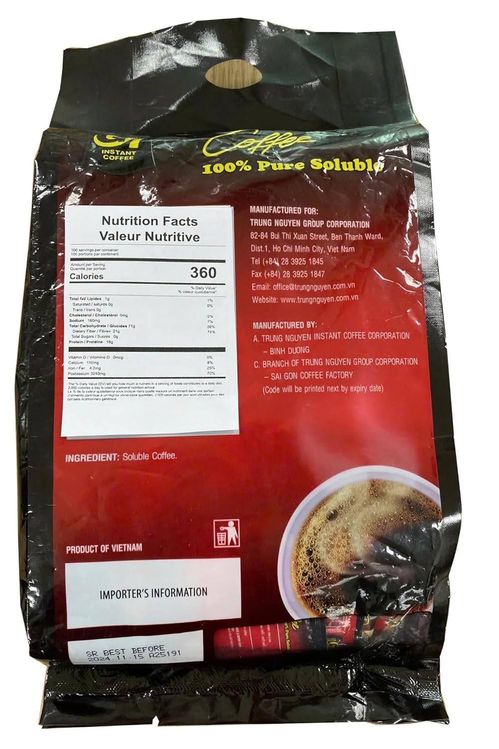 TRUNG NGUYEN G7 PURE BLACK Instant Coffee for Energy Boost - 100% Soluble Coffee Without Sugar - Strong, Pure & Rich Vietnamese Instant Energy - Original Taste for Connoiseurs (200 Sachets/Bag)