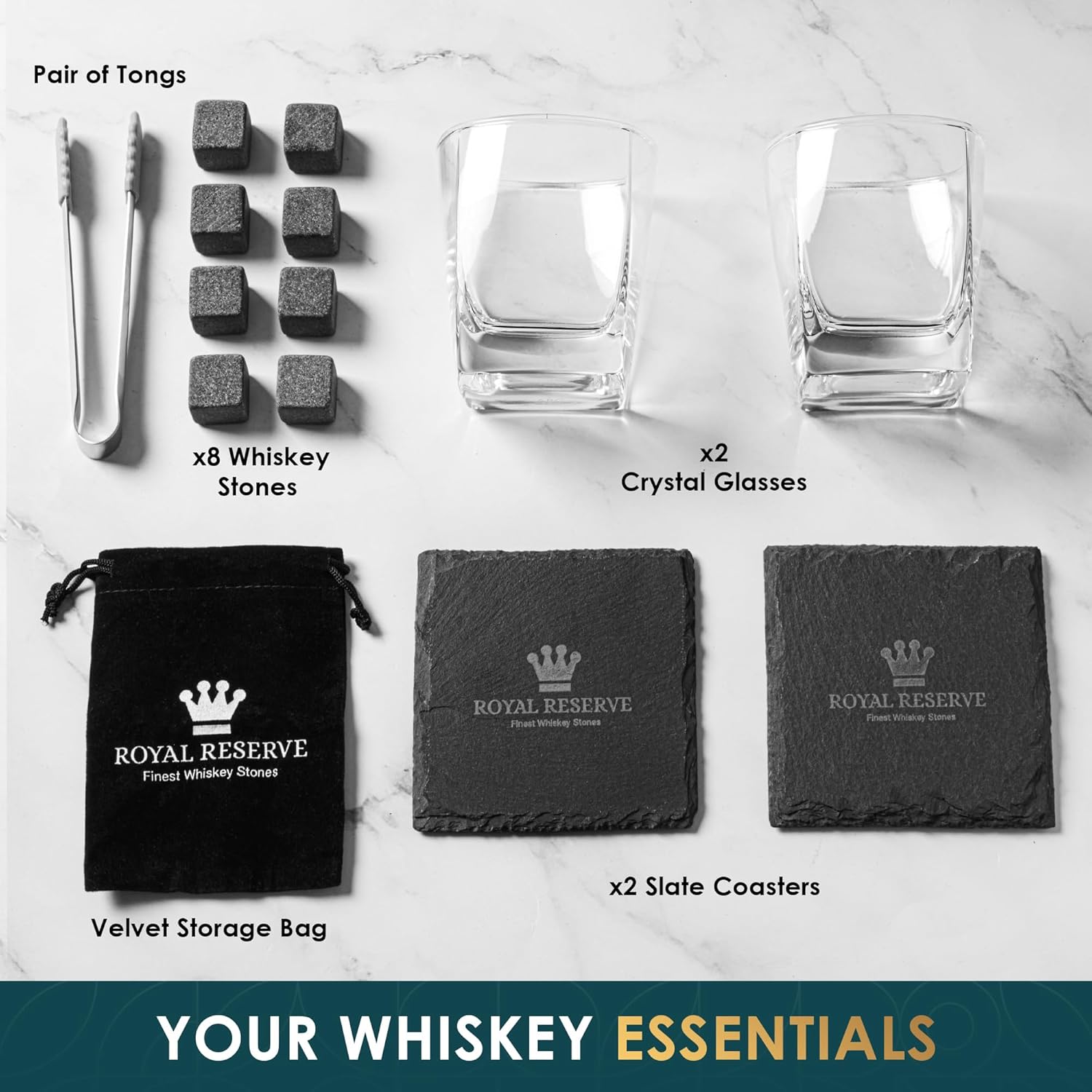 Whiskey Stones Gift Set by Royal Reserve - Artisan Crafted Scotch Bourbon Glasses, Chilling Rocks, Coasters and Tongs – Whiskey Gifts - Birthday Gift for Men, Husband, Him, Dad, Boyfriend - Image 5