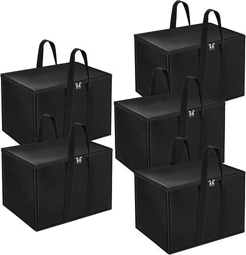 DAHSHA 5 Pack Nylon Moisture Proof Multi-Purpose 70 L Large Toys Storage Bag/Books Magazine/Blankets/Clothes Storage Organizer with Zip and Handle Rectangular(Black, 55.8x34x36.8cm)