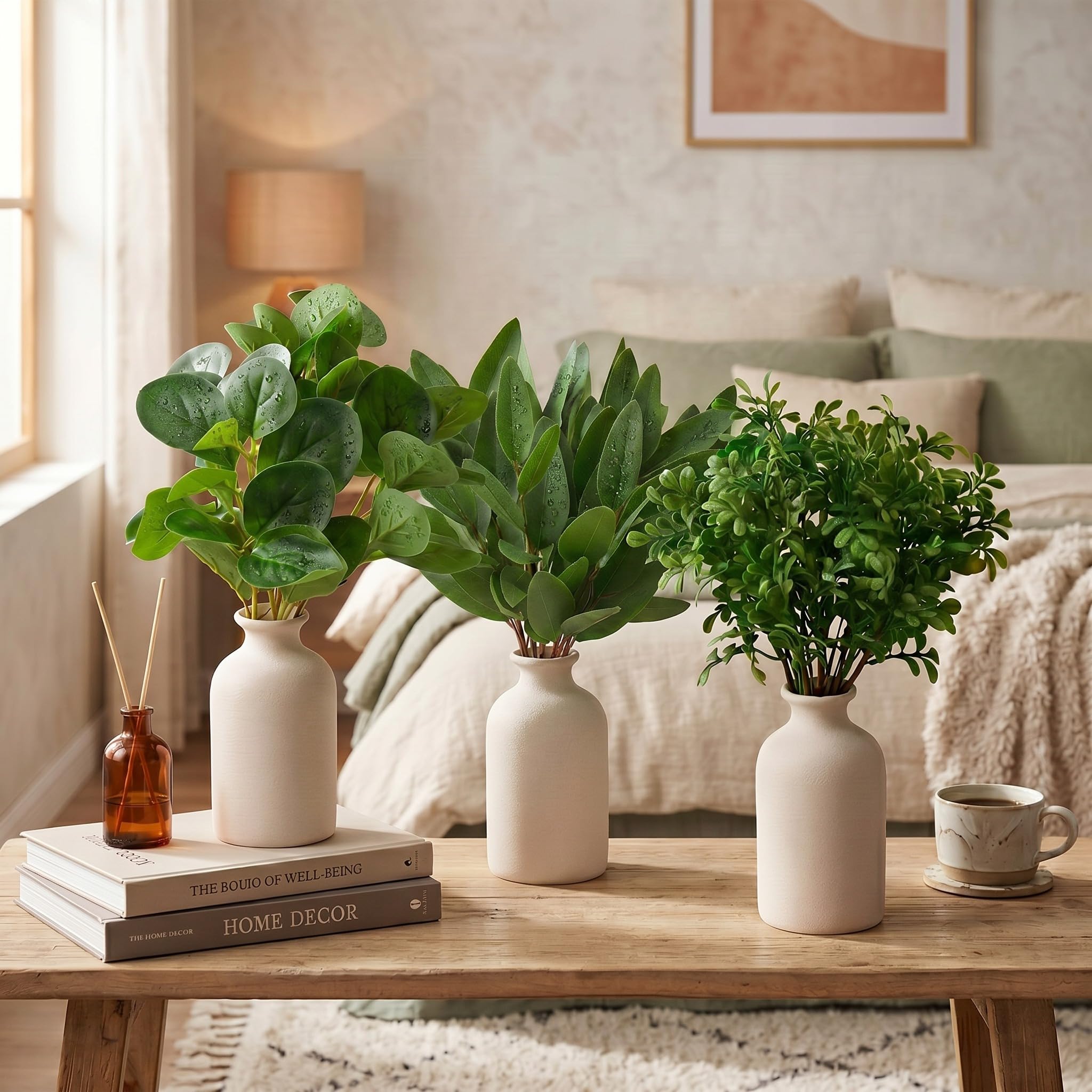 3 Set Ceramic Vase with Greenery 16" Artificial Eucalyptus in Vase