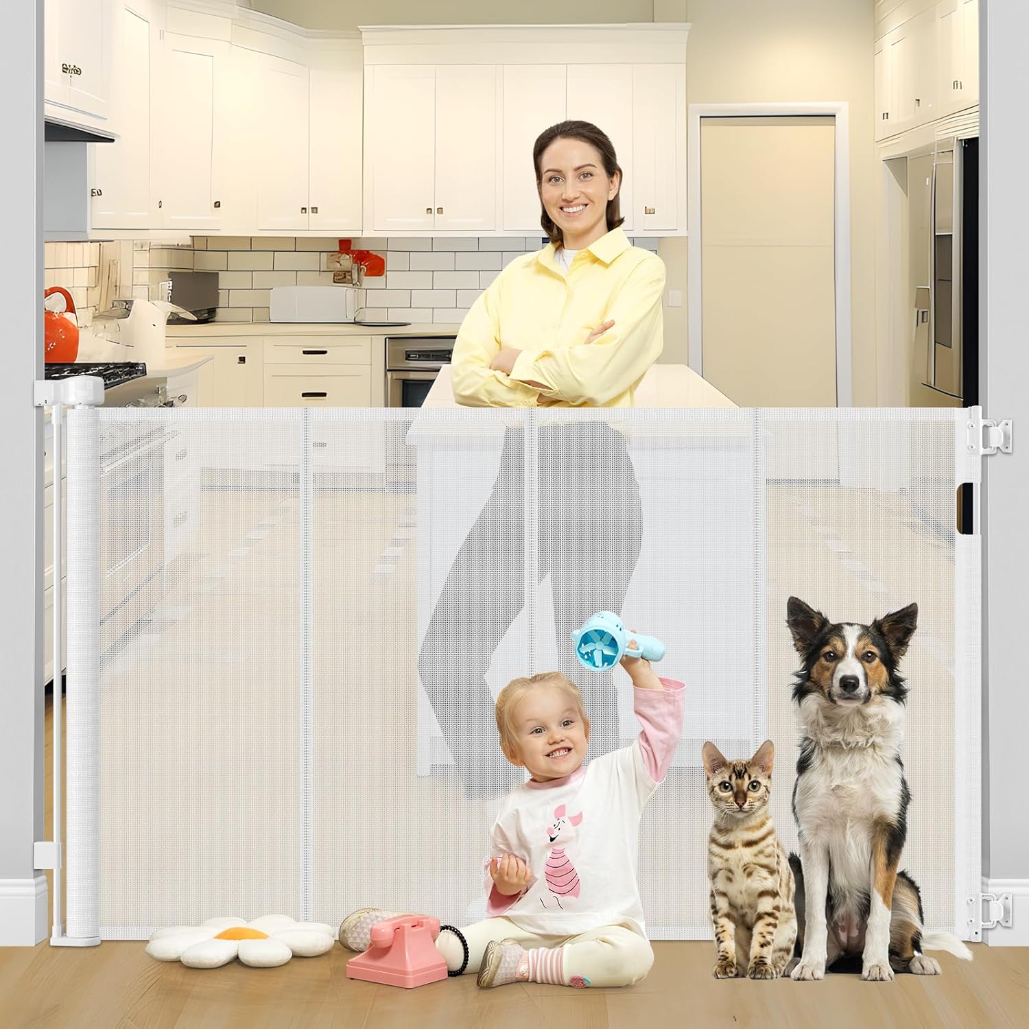 Reinforced 42" Tall X 80" Wide Retractable Baby Gate for Doorway 3.5ft Extra Tall Cat Gate for Stairs Indoor Retractable Baby Gates Extra Wide with Reinforced Bar Mesh Gates for Kids or Pets, White White 42" Tall x 80" Wide? With Reinforced Bar ?