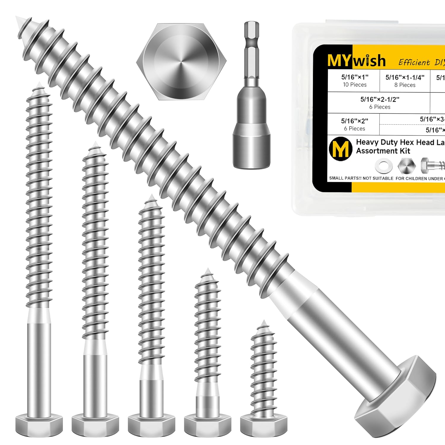 Mywish 96Pcs 5/16 Hex Head Lag Screws Assortment Kit, External Heavy Duty Lag Bolts with Flat Washers, 304 Stainless Steel Wood Screws 18-8, Bright Finish 5/16 Bolts for Outdoor