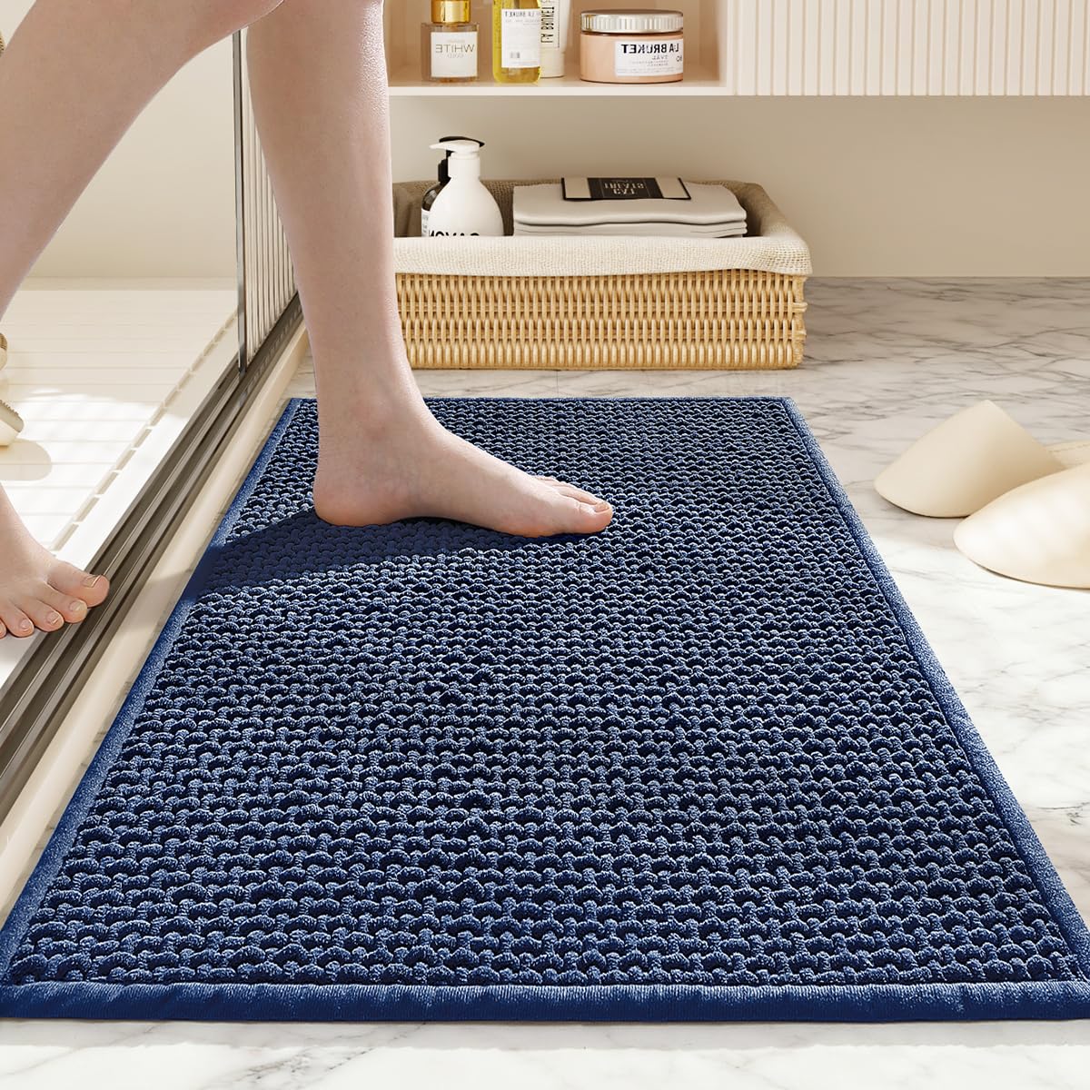 Photo 1 of HRILO Bathroom Rugs Non Slip Washable, Super Absorbent Thin Bath Mat for Small Quick Dry Low Pile Bathroom Rug, (Navy Blue, 32?x20?)