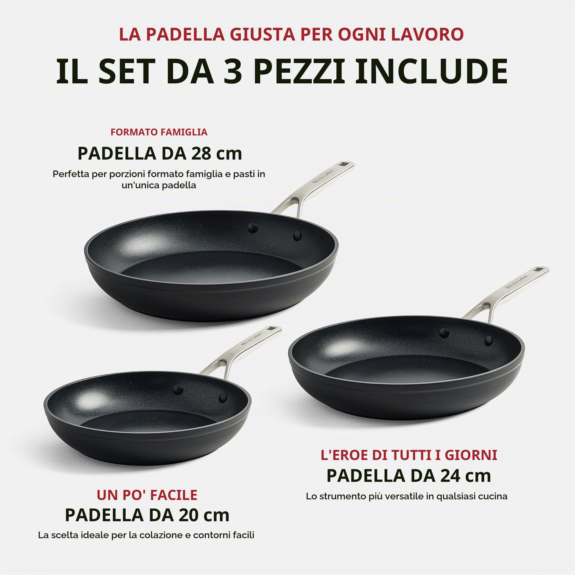 KitchenAid Forged Hardened Set di Padelle antiaderente in Alluminio Forgiato anodizzato Senza PFAS Ceramica antiaderente, 20 cm, 24 cm e 28 cm, induzione adatto al forno lavabile in lavastoviglie nero