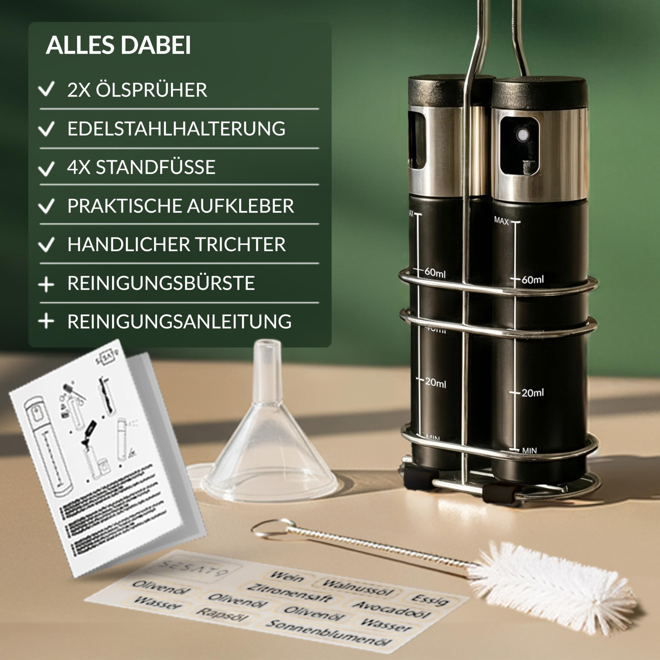 𝑷𝒓𝒆𝒎𝒊𝒖𝒎: Ölsprüher im 2er Set | hygienisch verschließbar, plus UV-Schutz, Öl Sprühflasche, Vielseitiger Oil-Sprayer - Edelstahl Sprühkopf – BPA-frei zum Kochen für die Küche
