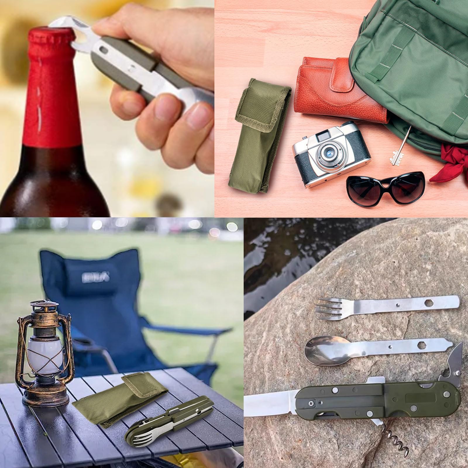 NIYATA 4Pcs Couverts De Camping Pliables, Kit Multifonction 5 En 1 Inox, Couteau Cuillère Fourchette Pour Pique-Niques, Randonnée Et Activités Extérieures