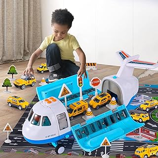 Ci Vetch Airplane Toy with Smoke, Light & Sound, 16 Inches Big Transport Cargo Airplane Toy with 6 Construction Vehicle Trucks, Fricton Powered Airplane Toys Toddler Boy Toys for 3 4 5 6 Year Old