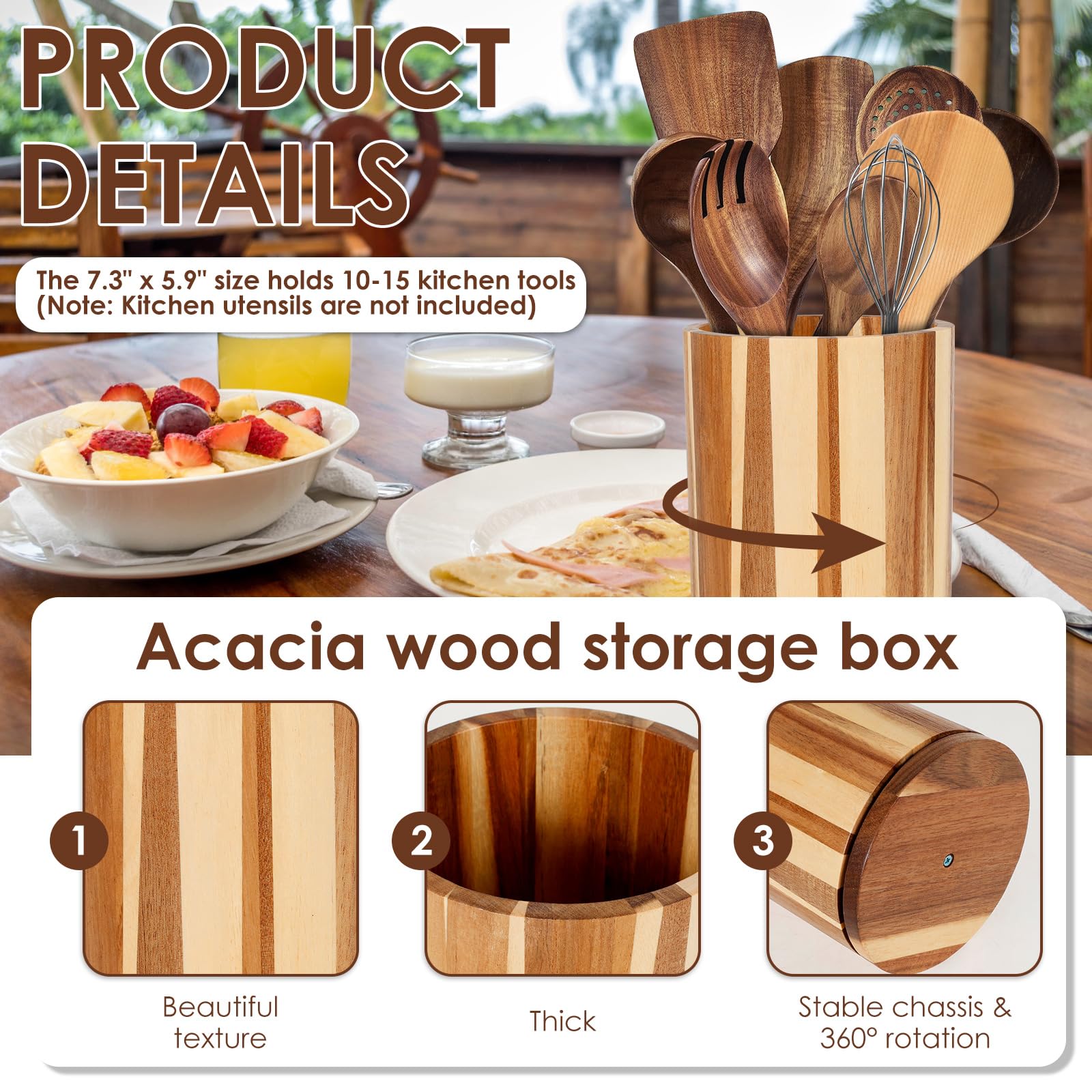 Soporte de madera giratorio de 360° para utensilios de cocina, resistente al agua, multiusos, para encimera, capacidad para 10-15 herramientas de cocina, ideal para decorar tu cocina