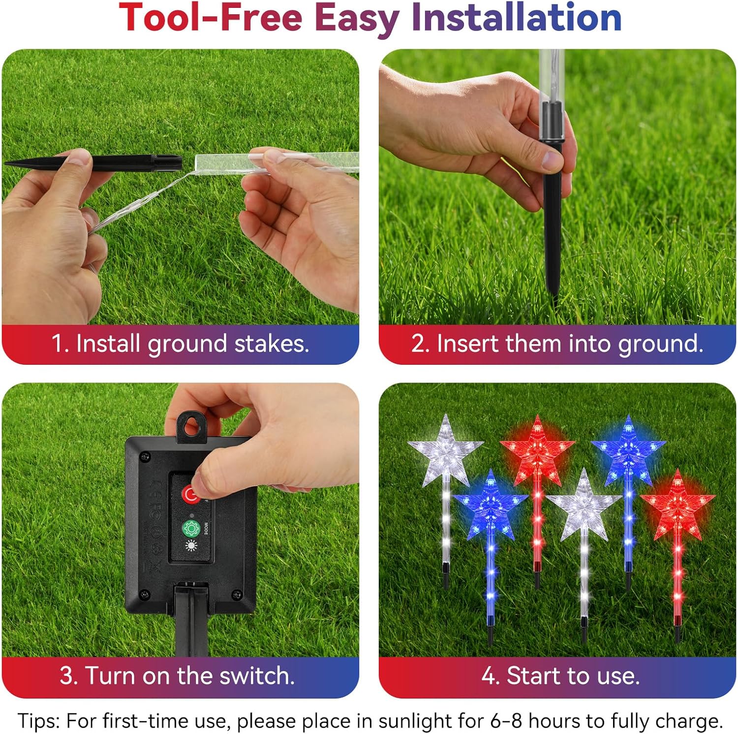 Luxspire 4th of July Decorations Outdoor Solar Lights 6PCS, 8 Modes Red White and Blue Solar Lights, Waterproof Patriotic Decorations Outdoor for Pathway Yard Garden Independence Memorial Day