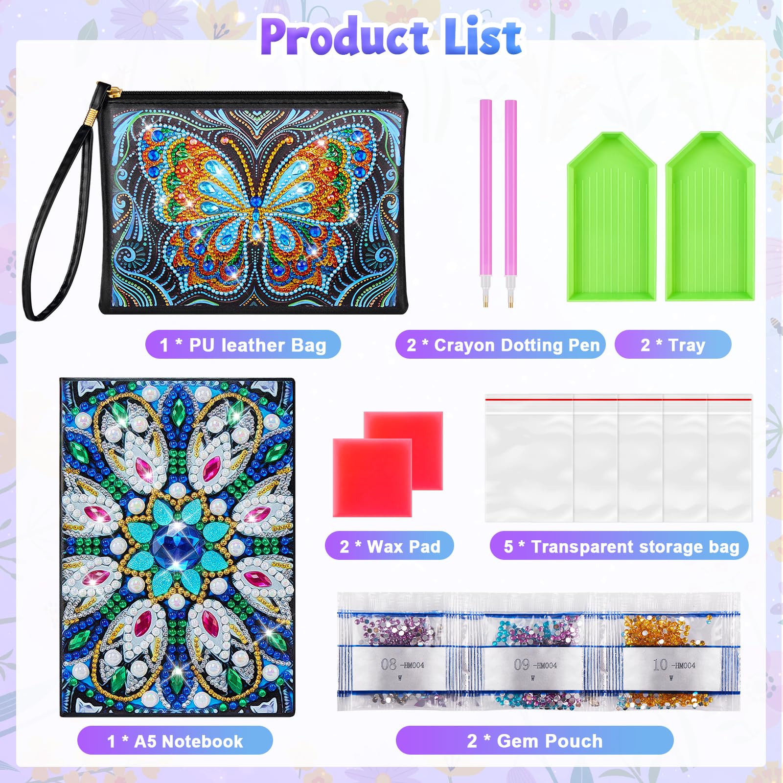 Enbagold Diamond Painting Kit Completo, Pittura Diamante Borsa e Taccuino A5, Diamond Painting Bambina, Regalo Bambina 6 7 8 9 10 Anni, Giochi Bambina 6-12 Anni Femmina -Farfalla Blu + Piuma Pavone