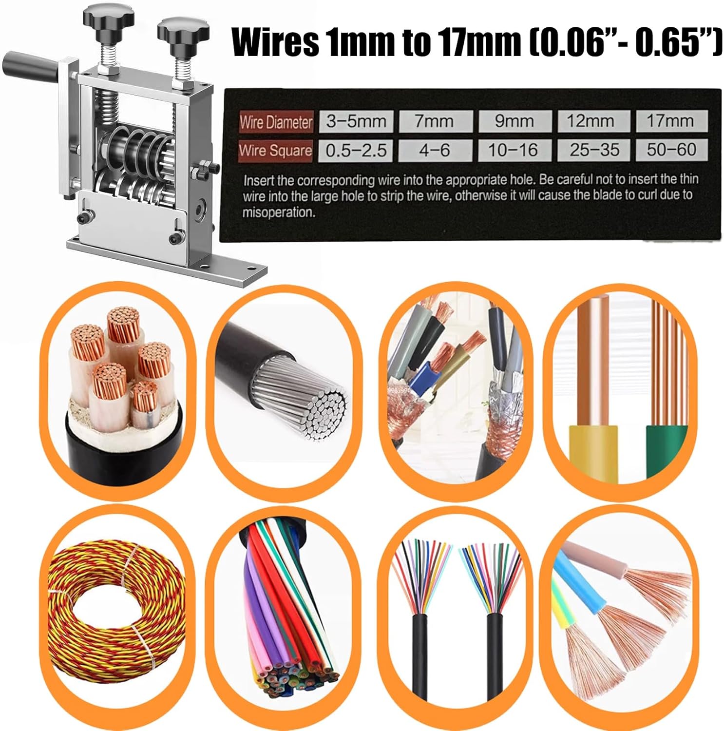 Manual Wire Stripper Machine, 0.06-0.65” 1-17mm Wire Stripper Tool for Drill Powered or Hand Crank Electrical Cable Copper Wire Stripping Machine, Workbench Mount, 5 Blades + 6 Channels