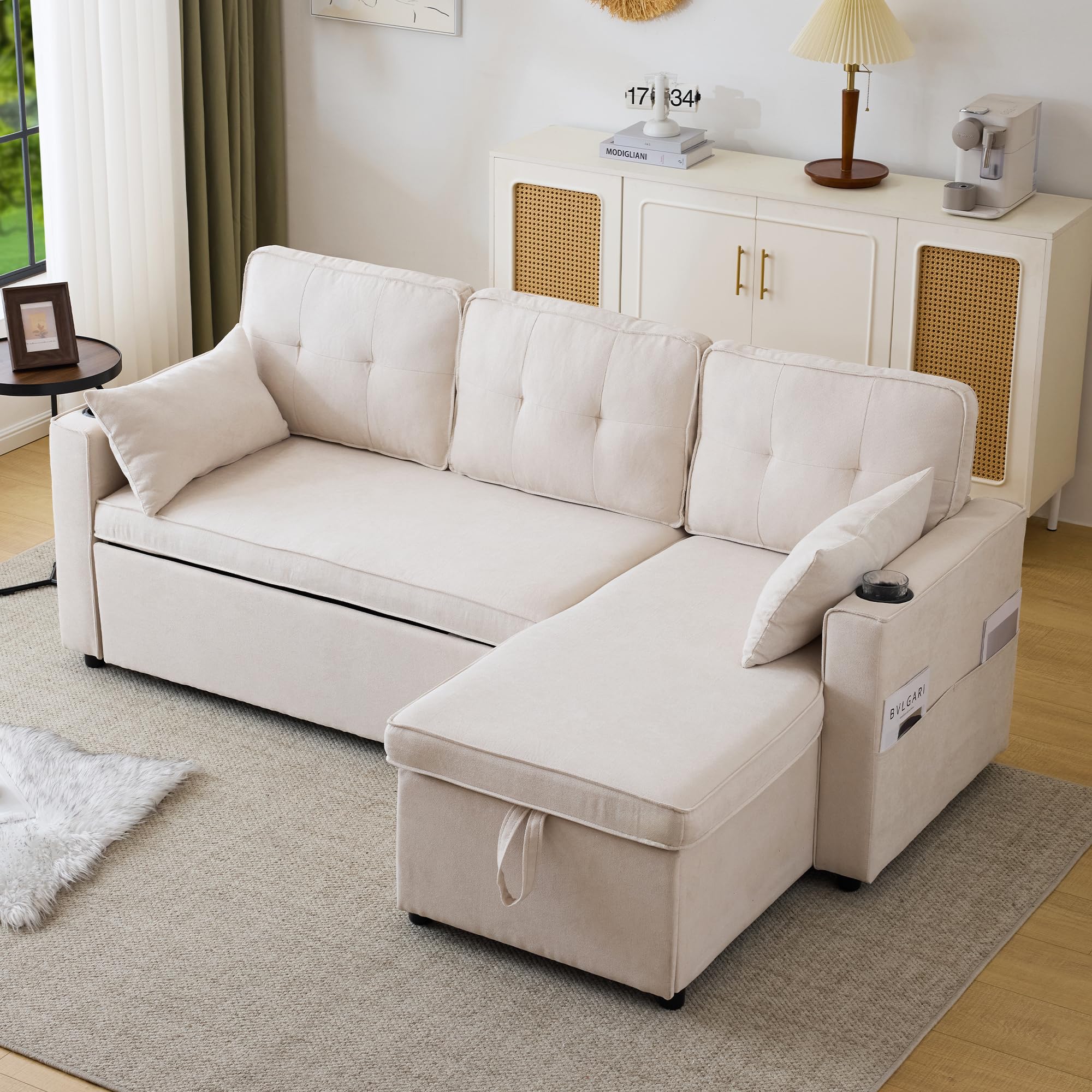 Soweiz Divano letto con funzione di sonno, divano a forma di L, design moderno, poltrona lounge con vano portaoggetti, con portabevande, divano letto, soggiorno e sinistra, intercambiabile (beige)