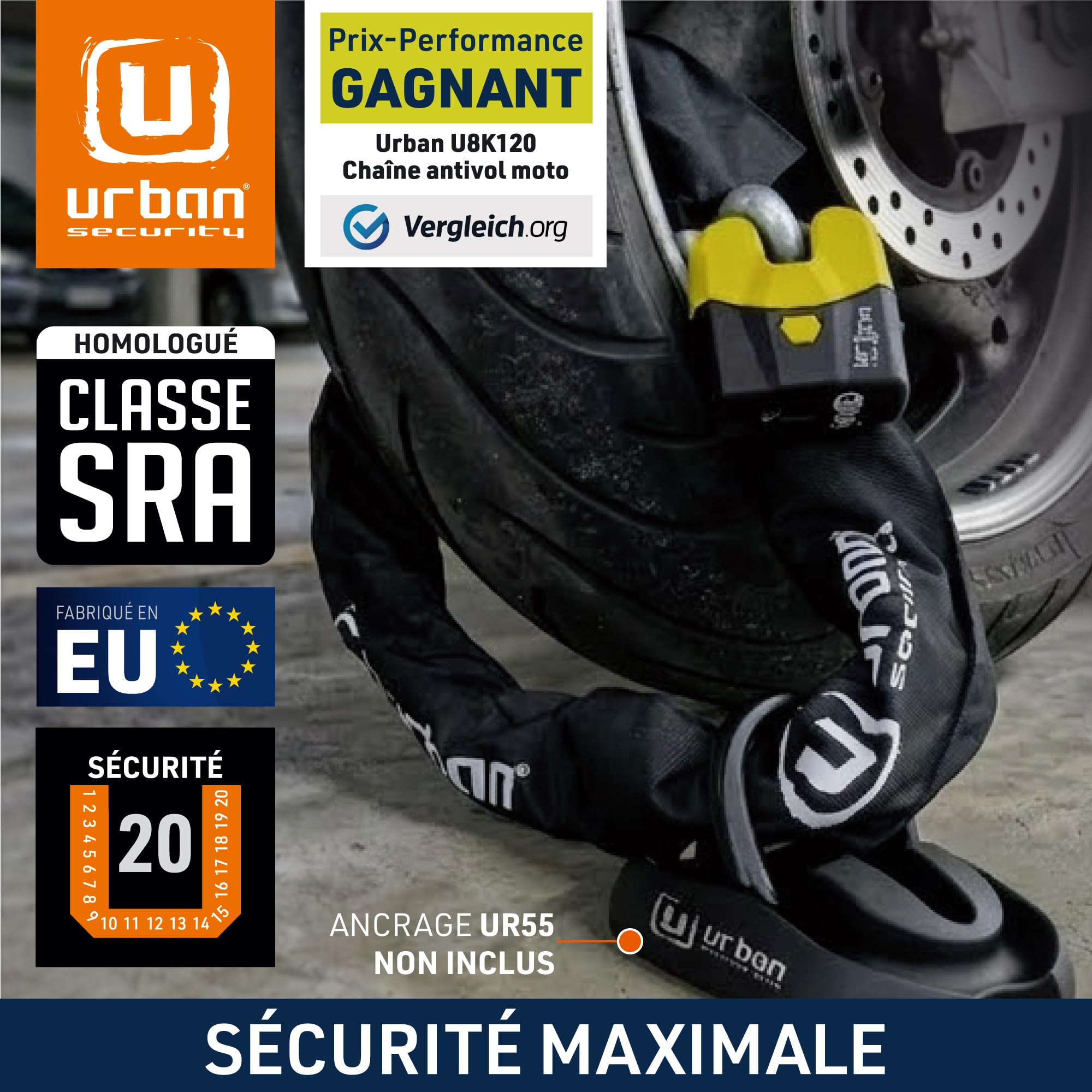 URBAN U8K150 Antivol Moto Chaîne Homologué SRA, Sécurité Maximale Niveau 20, Ø15mm Acier Trempé, Double Verrouillage, Serrure Anti-Crochetage, Fixation Garage, Antivol Vélo Électrique Scooter, 150cm