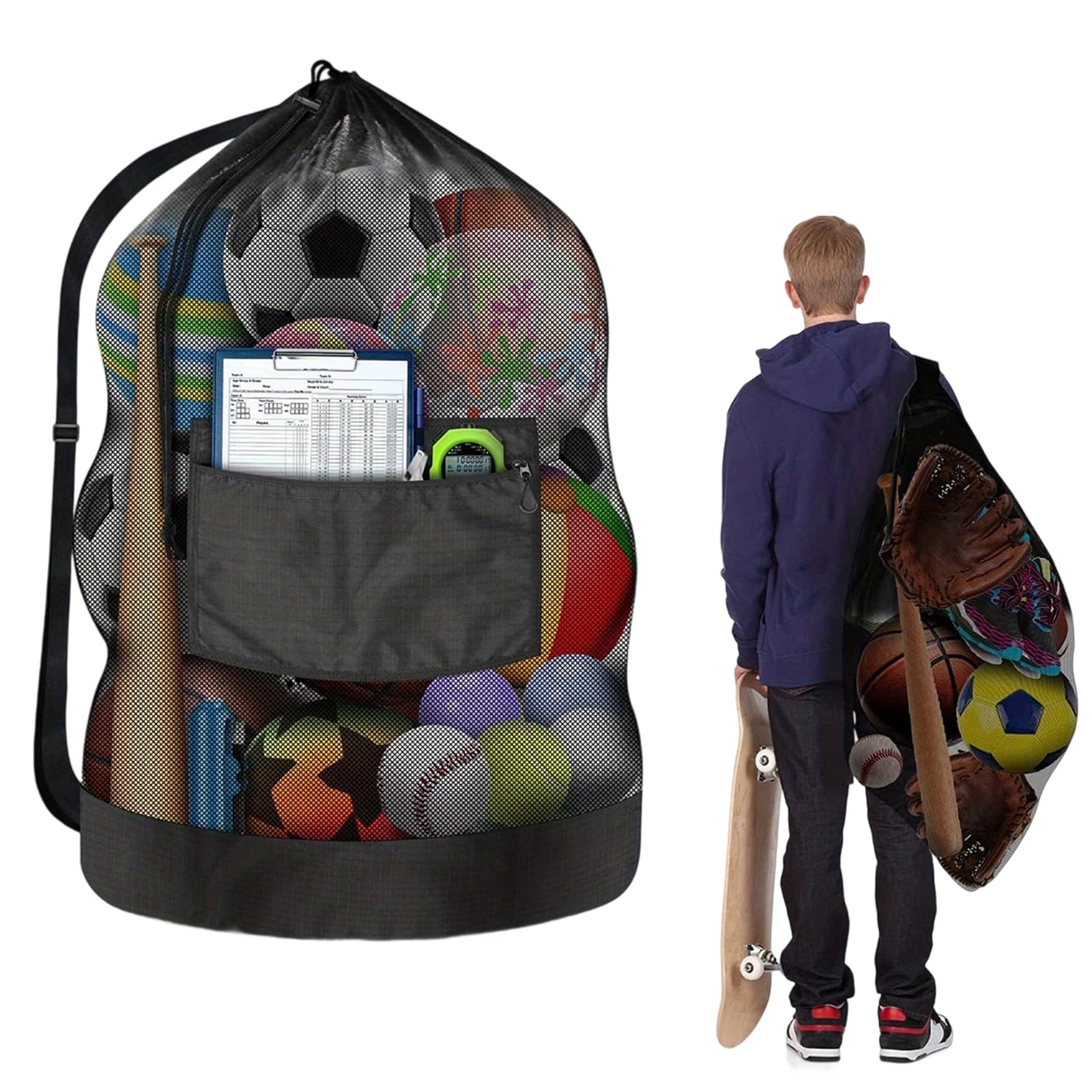 TAGMEIU Large Football Ball Bags with Waterproof Pocket – Mesh Football Net Bag for 10-15 Balls, Heavy Duty Ball Carry Bag for Basketball, Rugby, Volleyball Training((100x80cm, Black)
