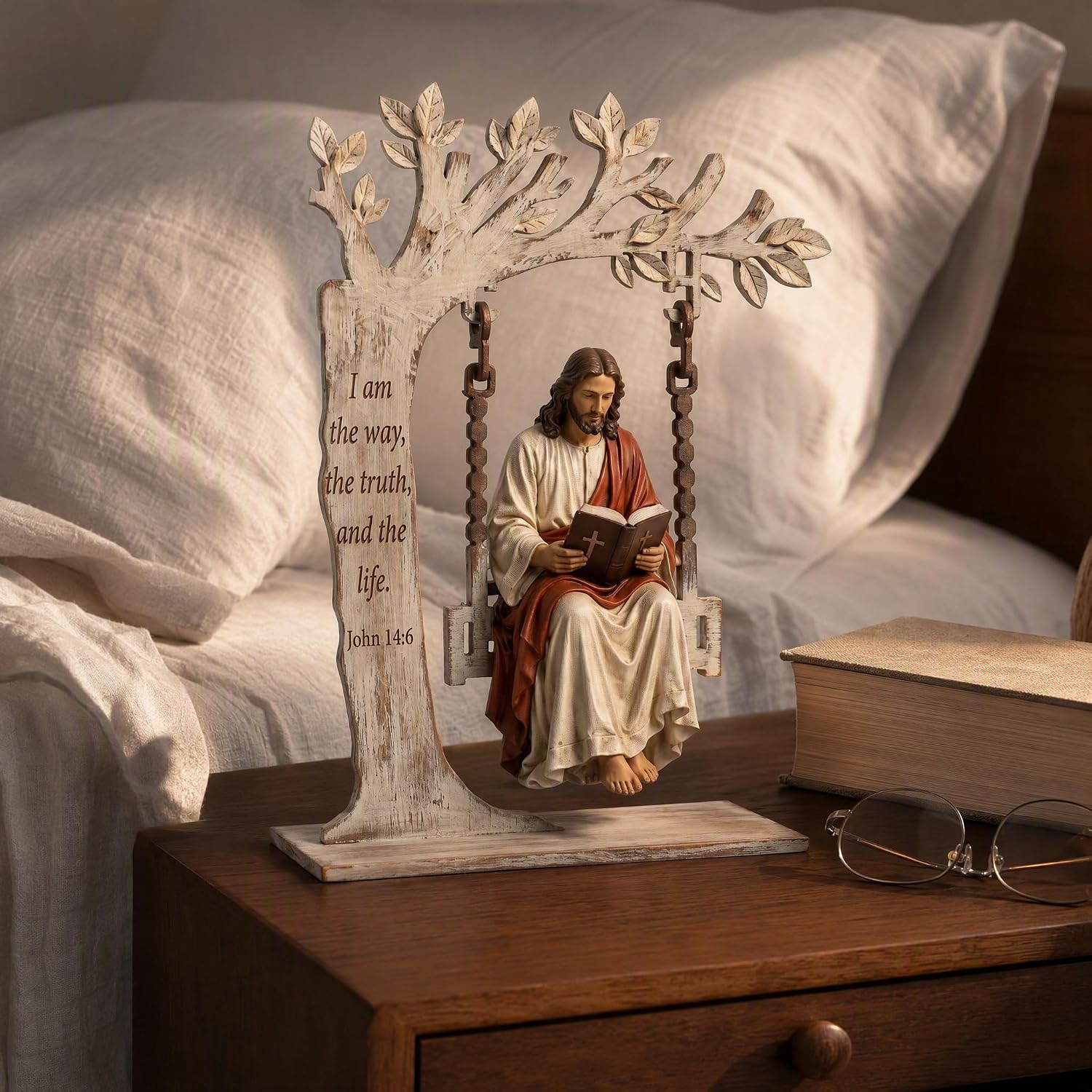 Christian Jesus Swing Ornament, John 14:6 Wood Table Decor Gift（White)