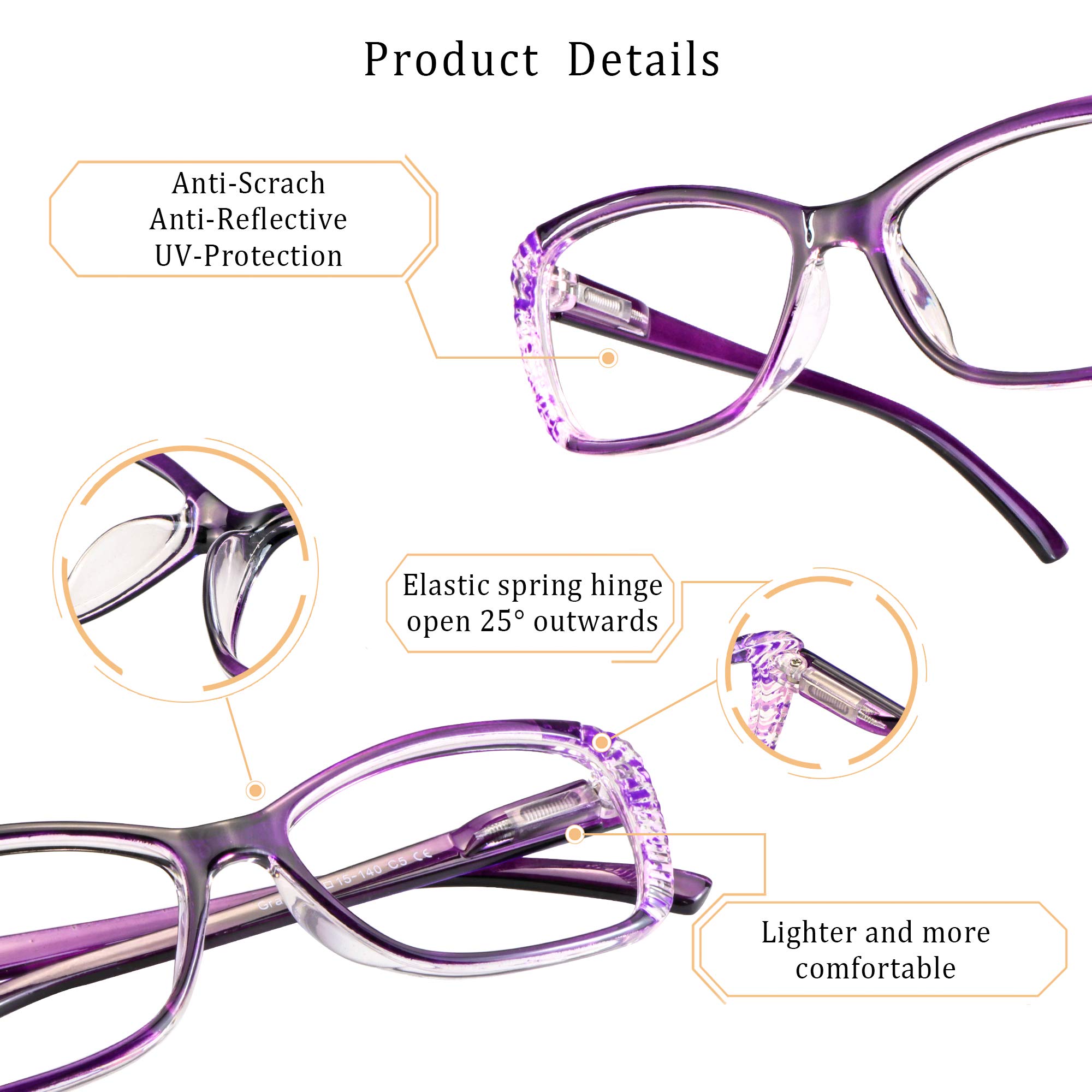 LifeArt 5 Pairs Reading Glasses, Blue Light Blocking Glasses, Computer Reading Glasses for Men and Women, Fashion Eyewear Frame (5 Purple, +3.25 Magnification)