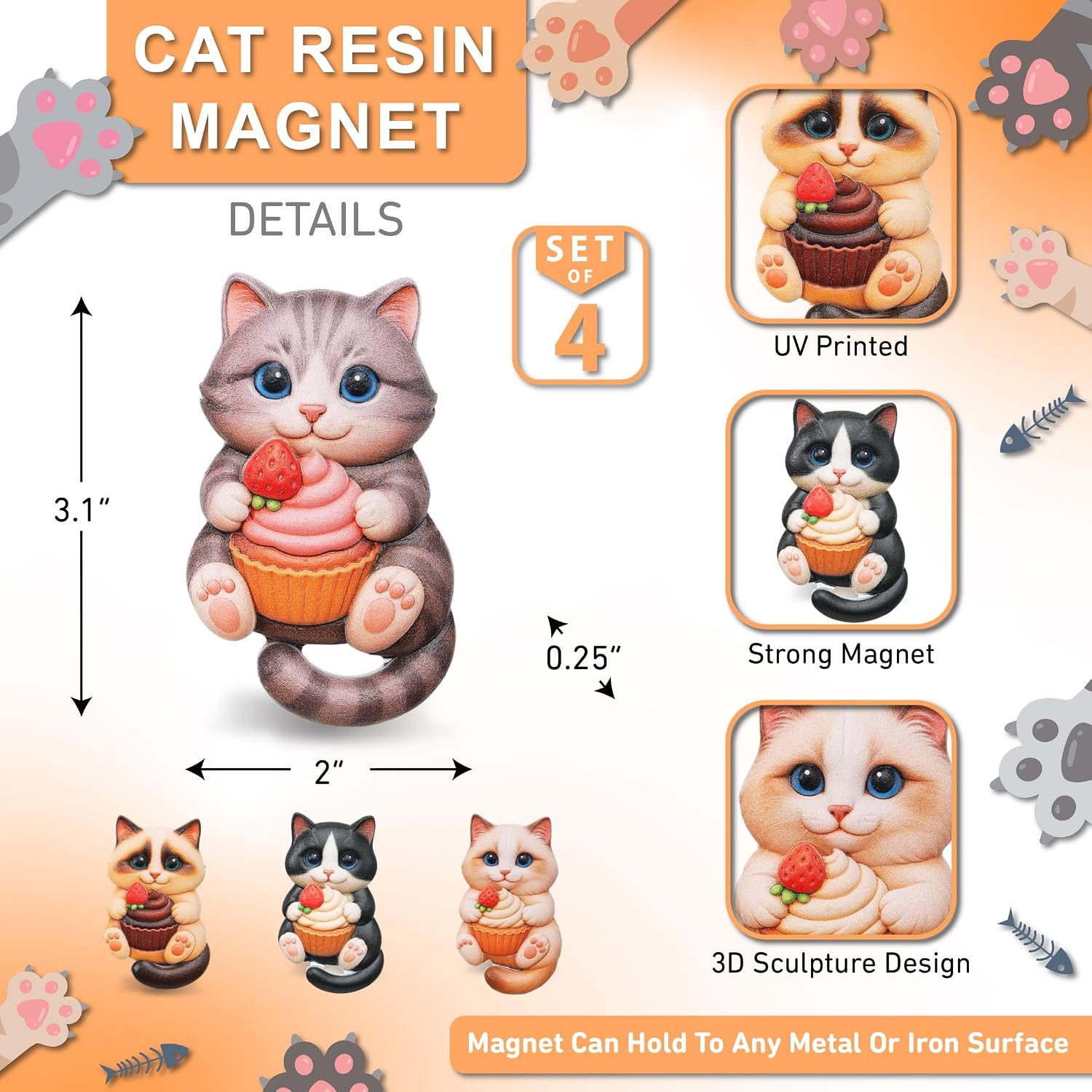 CoTa Global 3D Snack Time Cupcake Cats Fridge Magnets Set of 4 - Cute Cat Holding Cupcake Refrigerator Magnets for Pictures or Notes, Pet-Themed Magnetic Animals for Fridge, Locker, Board - 3 Inches image 3
