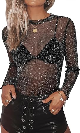FEMLE Womens Sparkly Sheer Mesh Top Glitter See Through Concert Outfits