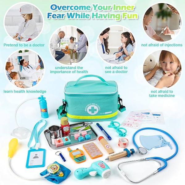 Sundaymot Malette Docteur Enfant, avec véritable stéthoscope, thermomètre, Blouse de médecin et Sac de médecin Portable, Adapté malette Docteur Enfant 3 Ans - 3