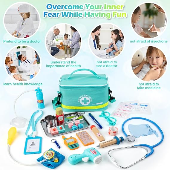 Sundaymot Doctors Set for Kids, 34 Pcs Kids Doctors Set with Real Stethoscope Portable Bag and Syringe, Pretend Role Play Medical Kit Toys Gifts for 3 4 5 6 Year Old Toddlers