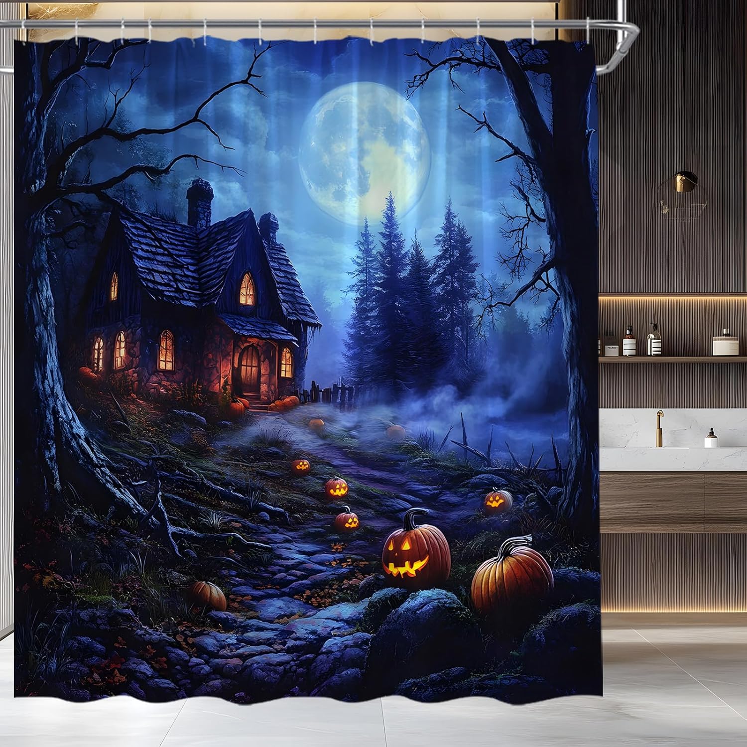 AMFD Spooky Halloween Shower Curtain Scary Night Horror Castle Full Moon Dead Tree Forest Pumpkin Gothic Holiday Ambience Bathroom Curtains Decor Fabric Set Include Hooks,(70" Wx84 H)
