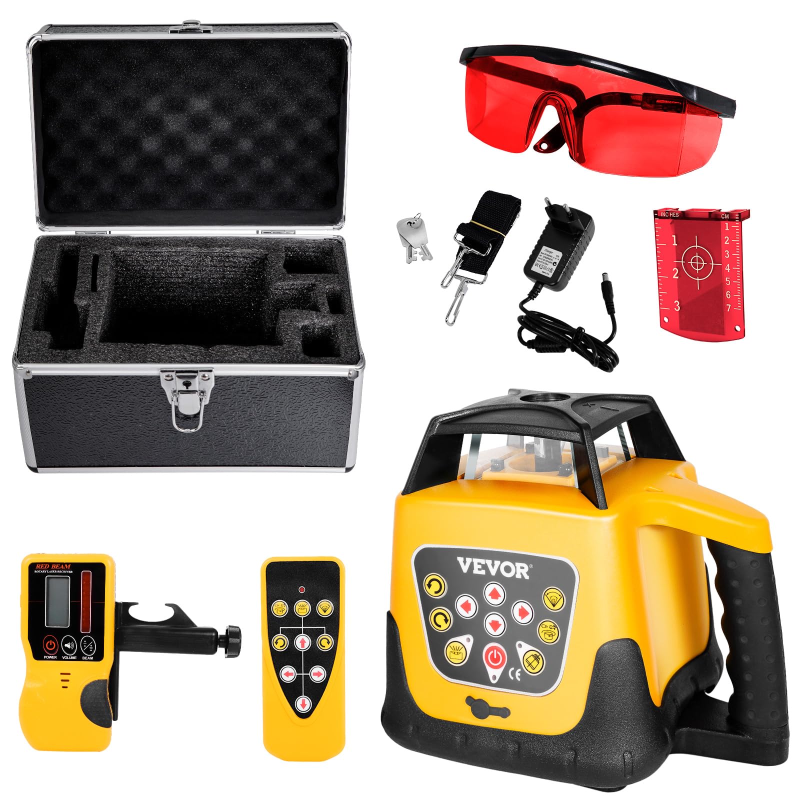 VEVOR Kit Livella Laser Rotante Raggio Rosso Portata 300 m, Inclinazione Regolabile, Rotazione 360 Gradi, Kit Scatola da Trasporto, Impermeabile IP54, Ricevitore Telecomando