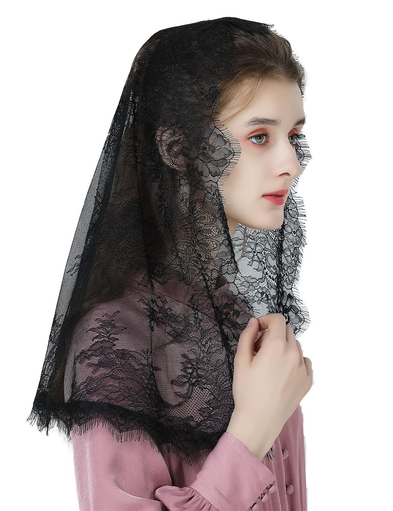 Beautelicate Women's D Shape - Black Infinity Mantilla Veil Catholic Church Latin Mass Holy Communion Religious Ceremony Head Cover Formal Lace Scarf (D Shape - Black)