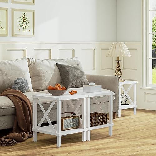 Miniatura 5 de MLBZ16W - Mesa auxiliar grande de estilo industrial, mesa auxiliar de madera con acento en X de metal con estante de almacenamiento para sala de