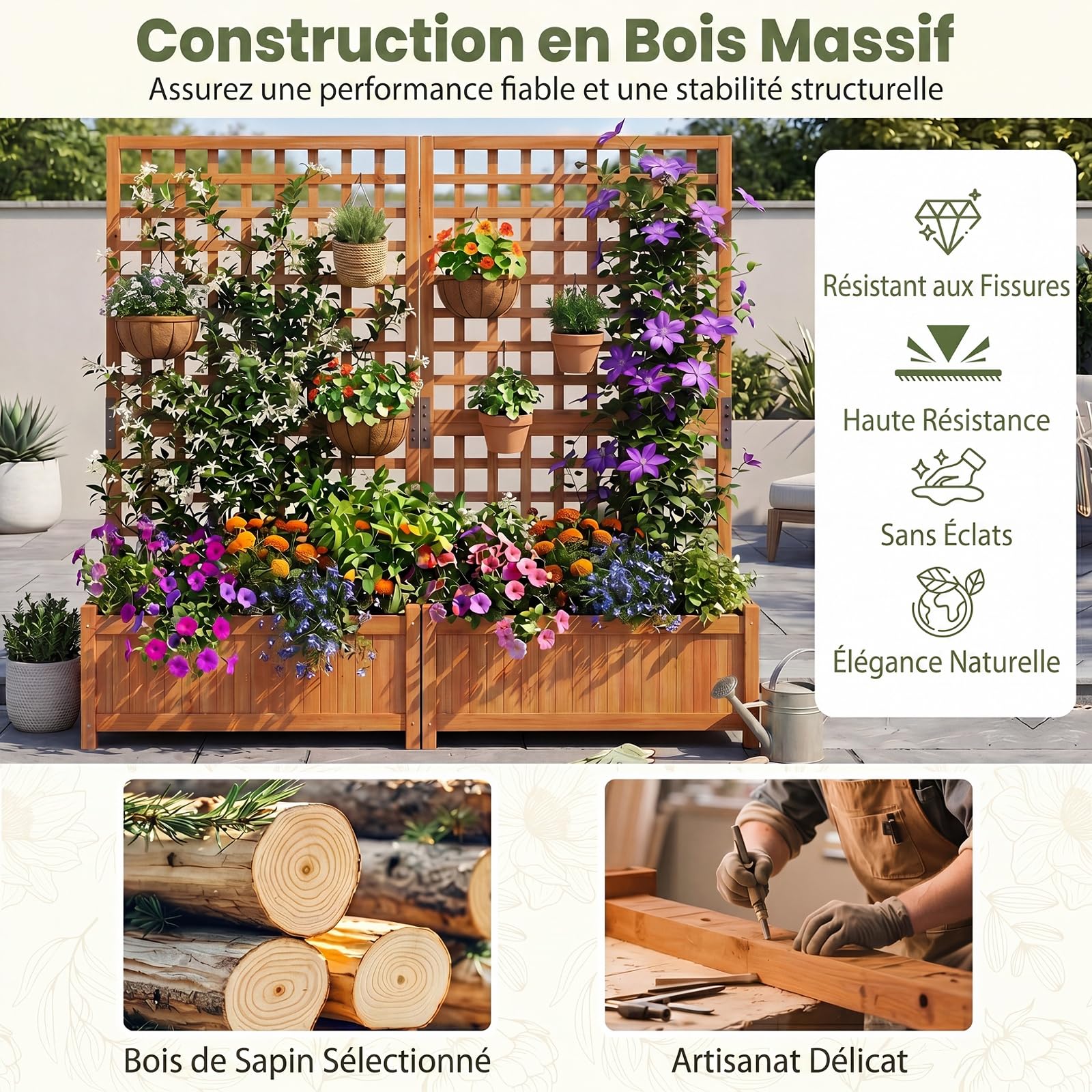 COSTWAY Jardinière avec Treillis en Bois, Bac à Fleurs Surélevé avec Trous de Drainage Fond Amovible, Jardinière Brise-Vue pour Plantes Grimpantes Légumes Fruits, 76 x 32 x 143 cm (Orange)