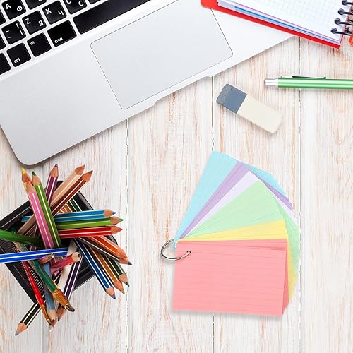 Miniatura 5 de 600 tarjetas de índice, tarjetas de índice de colores con rayas de un solo agujero, tarjetas de estudio pesadas, tarjetas de notas, 12 anillos de