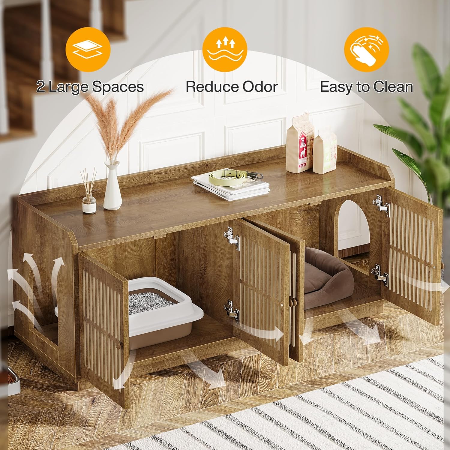 Tribesigns 2 Cats Litter Box Enclosure, 55.1-Inch Extra Large Hidden Litter Box Furniture with 2 Cabinets and Side Entry, Wooden XL Cat Washroom Furniture with Storage for Living Room, Light Brown