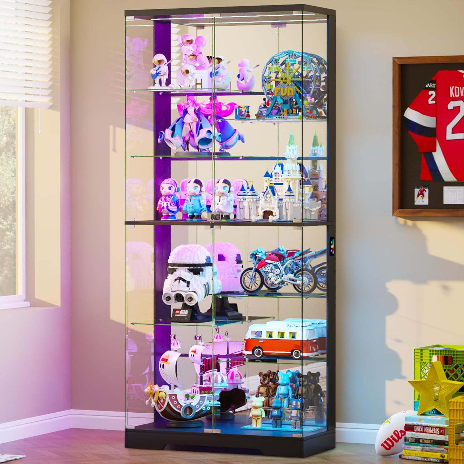 Lvifur 71'' Glass Display Cabinet - with RGB Lights,10-Tier Curio Cabinet with Glass Doors,Lockable Figure Display Case with Human Body Sensor,Tall Showcase Cabinets for Collectibles,Black