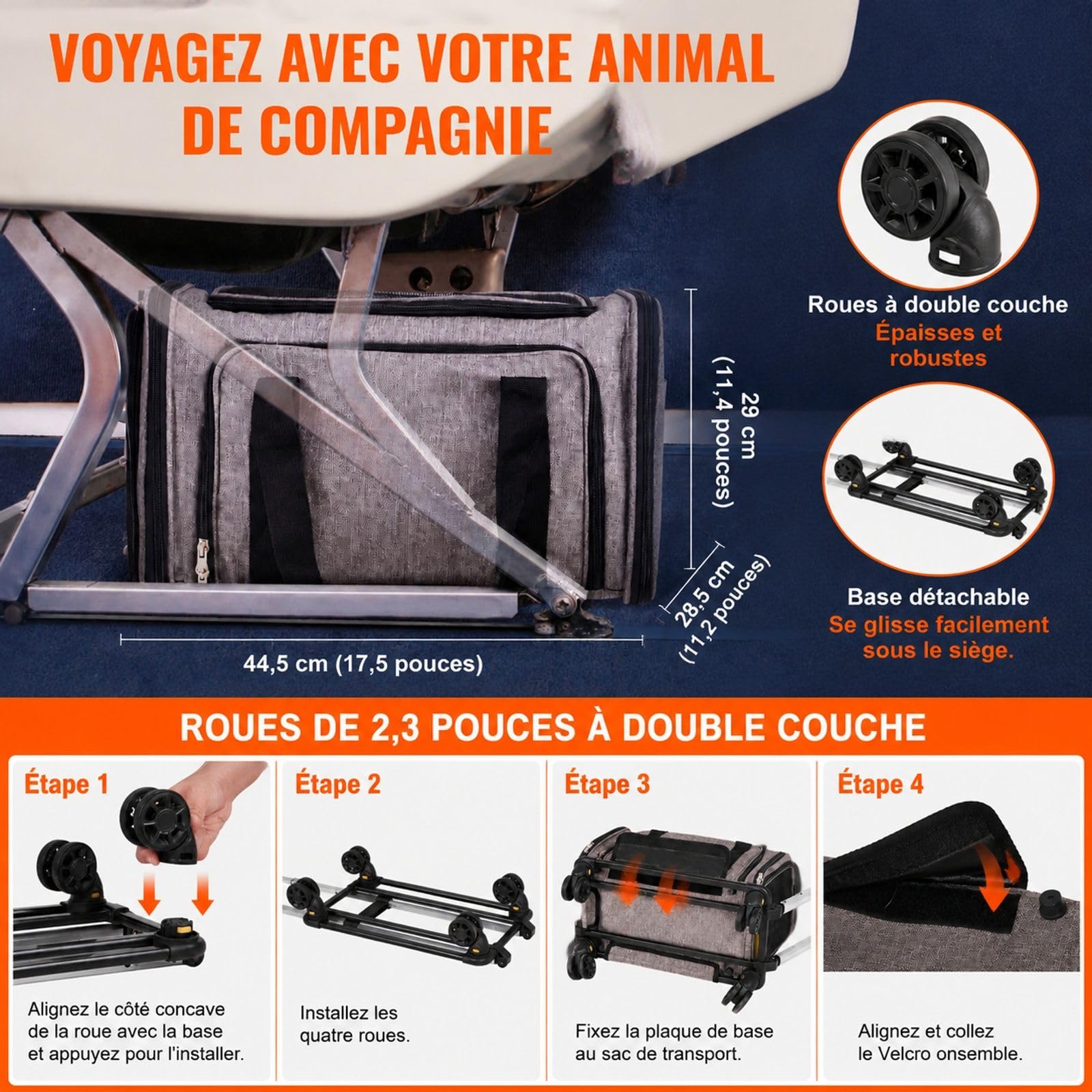 Sac de Transport à roulettes pour Chat et Chien 11,3 kg, Gris, poignée télescopique, bandoulière, gamelle Pliable, Fermeture éclair autobloquante, pour Voyage et Sortie