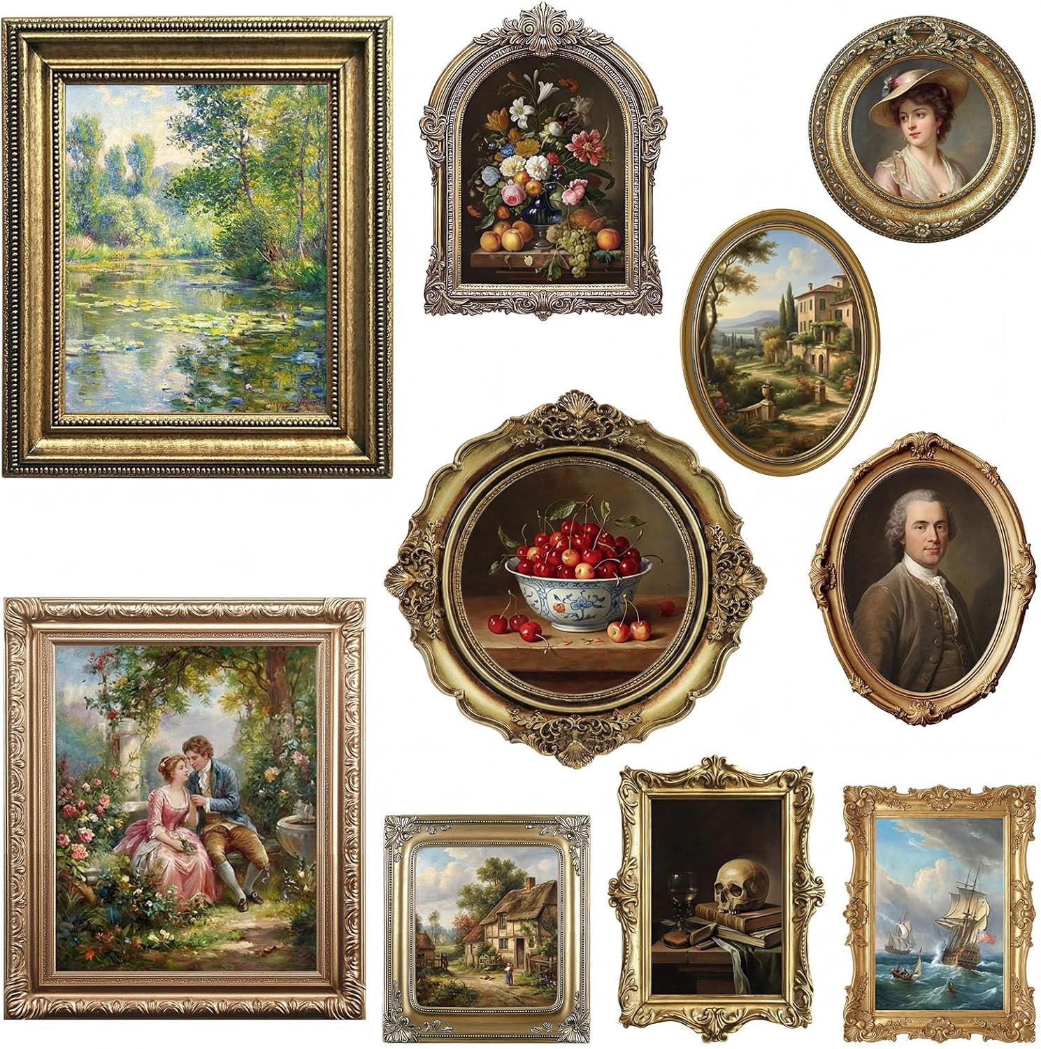 Xuhal 10 Pcs Gold Vintage Picture Frames for Wall, Flat Printed Patterns, Ornate Vintage Farmhouse Photo Frame Multi Sizes, Antique French Country Wall Art for Gallery Bedroom Living Room Home Decor