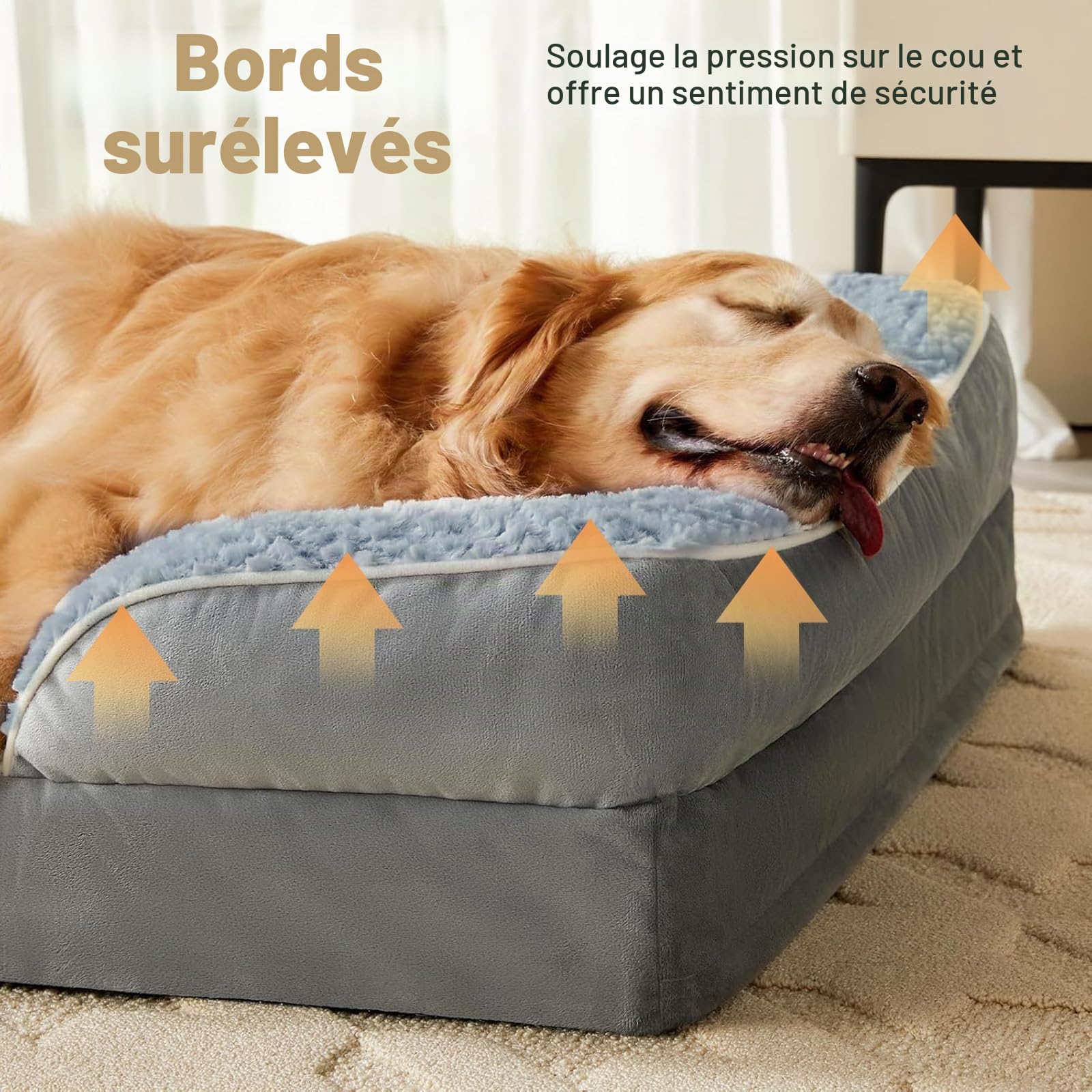 Lit Orthopédique Chien, Mousse mémoire, 107x76 cm, Lavable | Canapé chien avec rebord surélevé, doublure imperméable & antidérapant – coussin peluche moelleux pour grands chiens